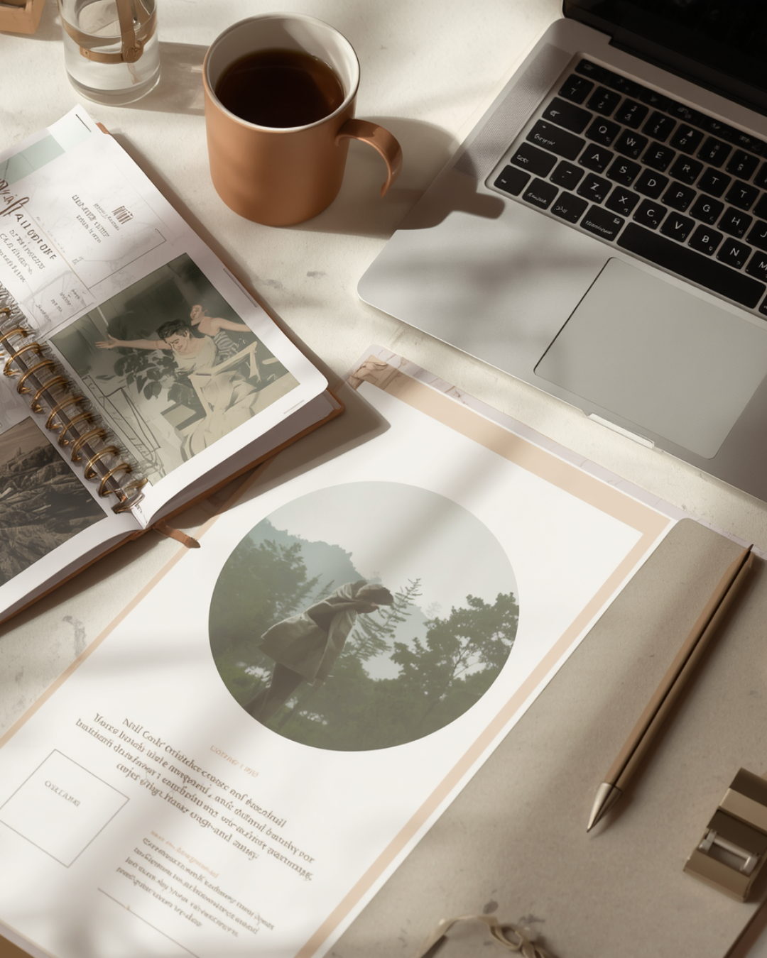 Minimal desk scene with pricing proposal document, clipboard, church design samples, and laptop, soft shadows, warm natural tones, professional yet welcoming ministry design atmosphere
