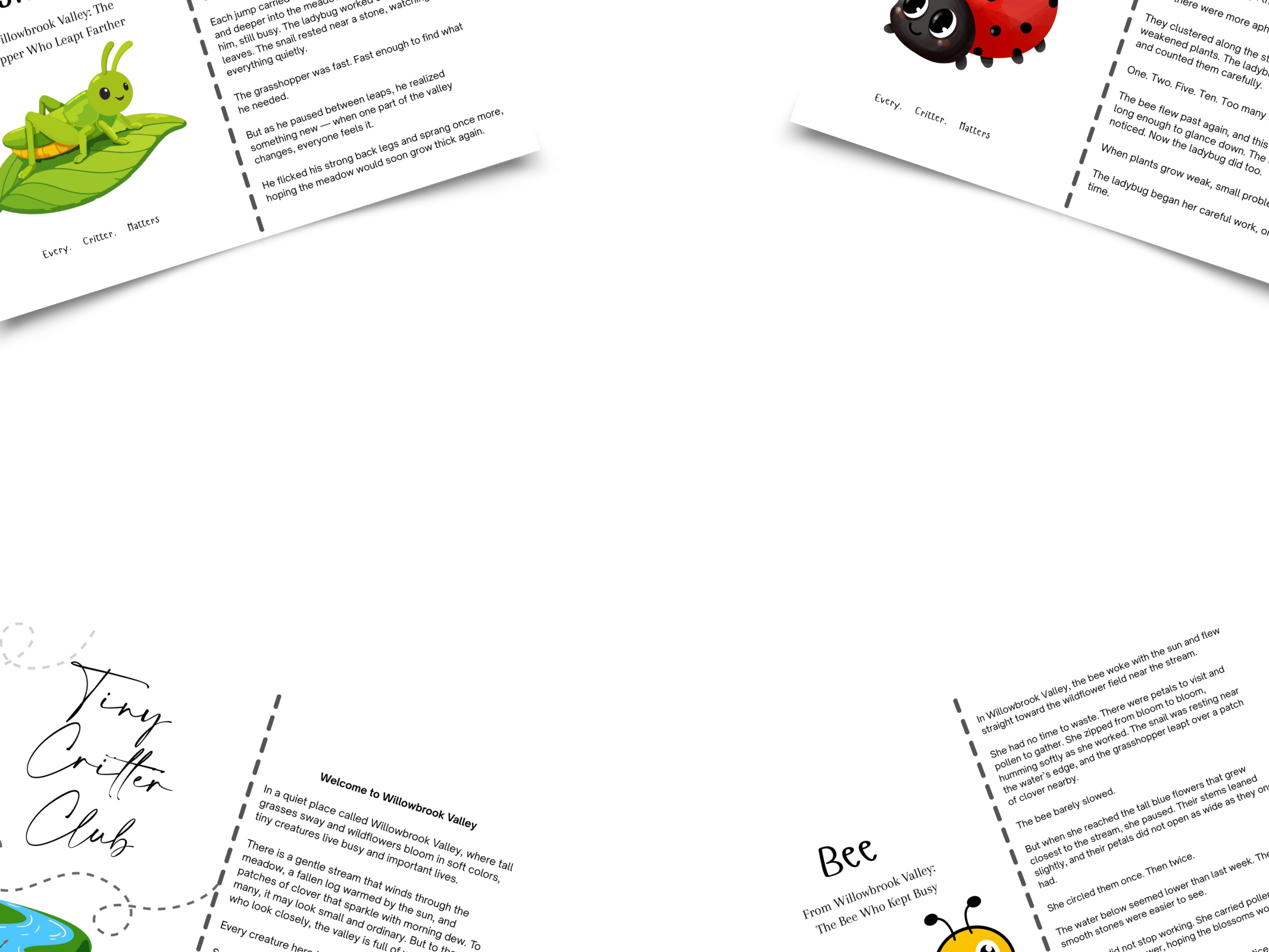 Collage of four pages from a children's storybook with colorful illustrations of a ladybug and a caterpillar, along with text about insects and nature.