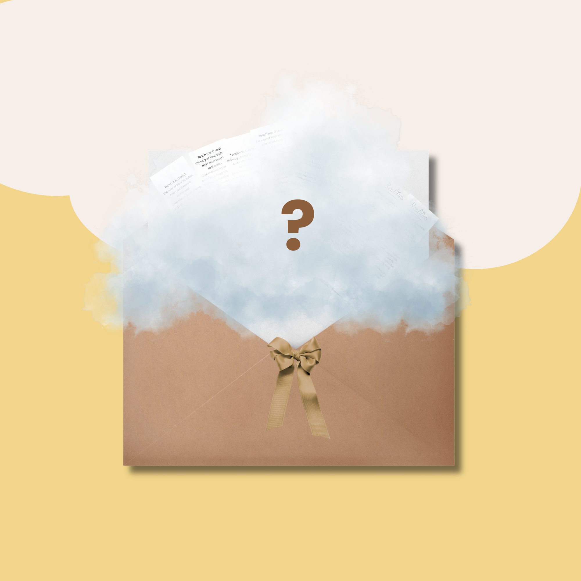 A brown gift box decorated with a bow, with a cloud-like shape emerging from it containing a question mark in the center.