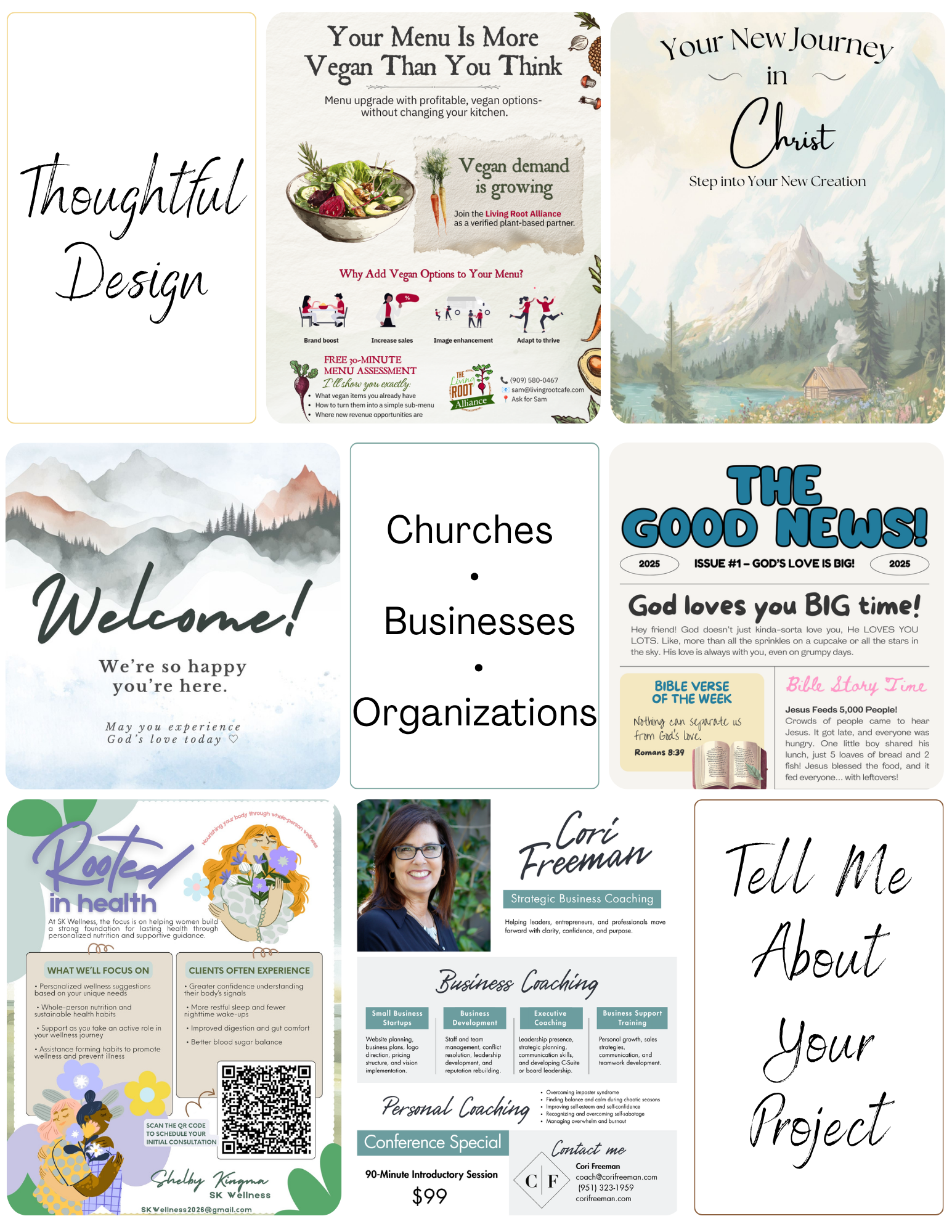 A collage of various digital posters and flyers promoting services and projects related to health, wellness, coaching, community organizations, spiritual encouragement, and personal development.
