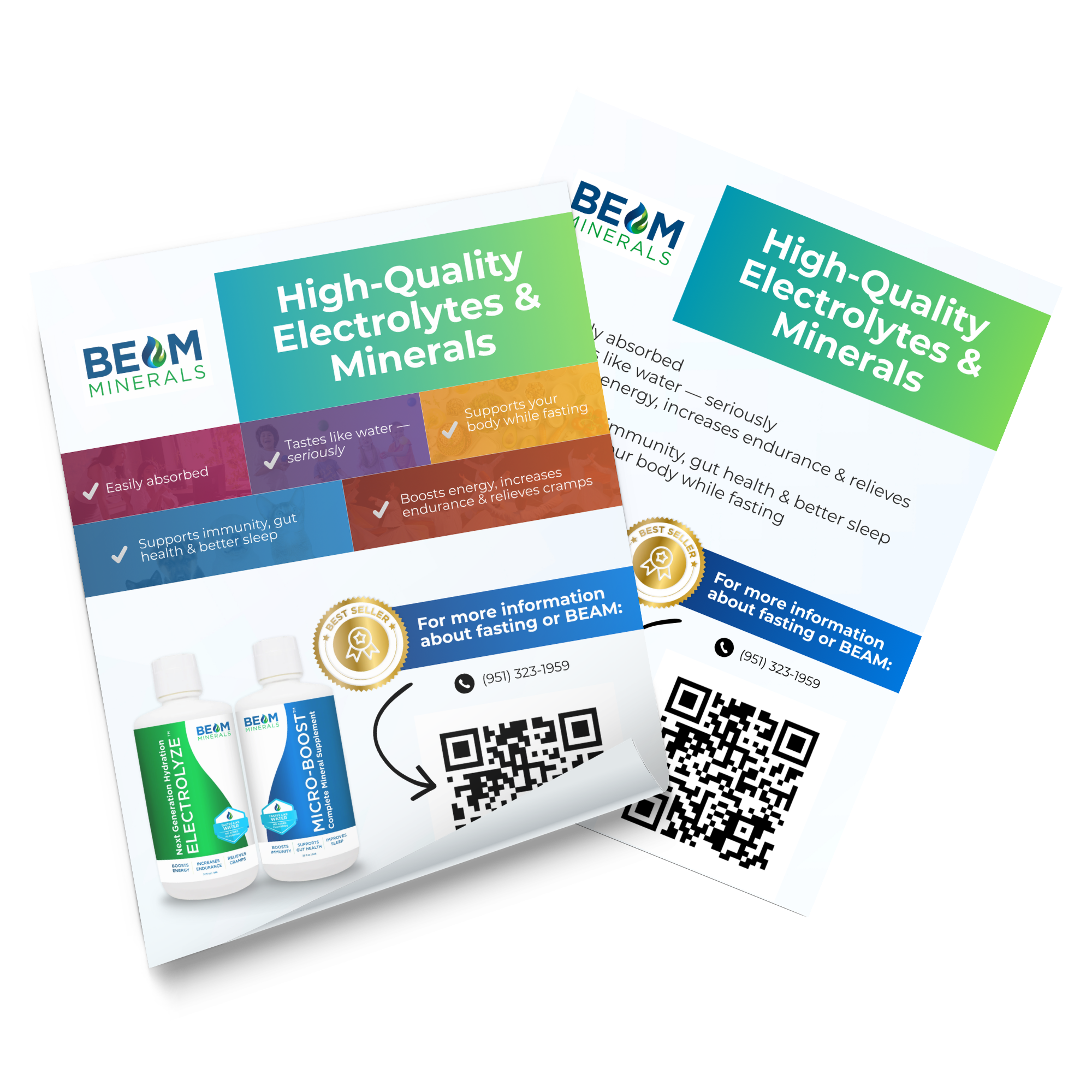 Flyer advertisement for BEAM minerals high-quality electrolytes and minerals, featuring two bottles of electrolyte supplements, colorful sections highlighting product benefits, contact number, and QR codes for more information.