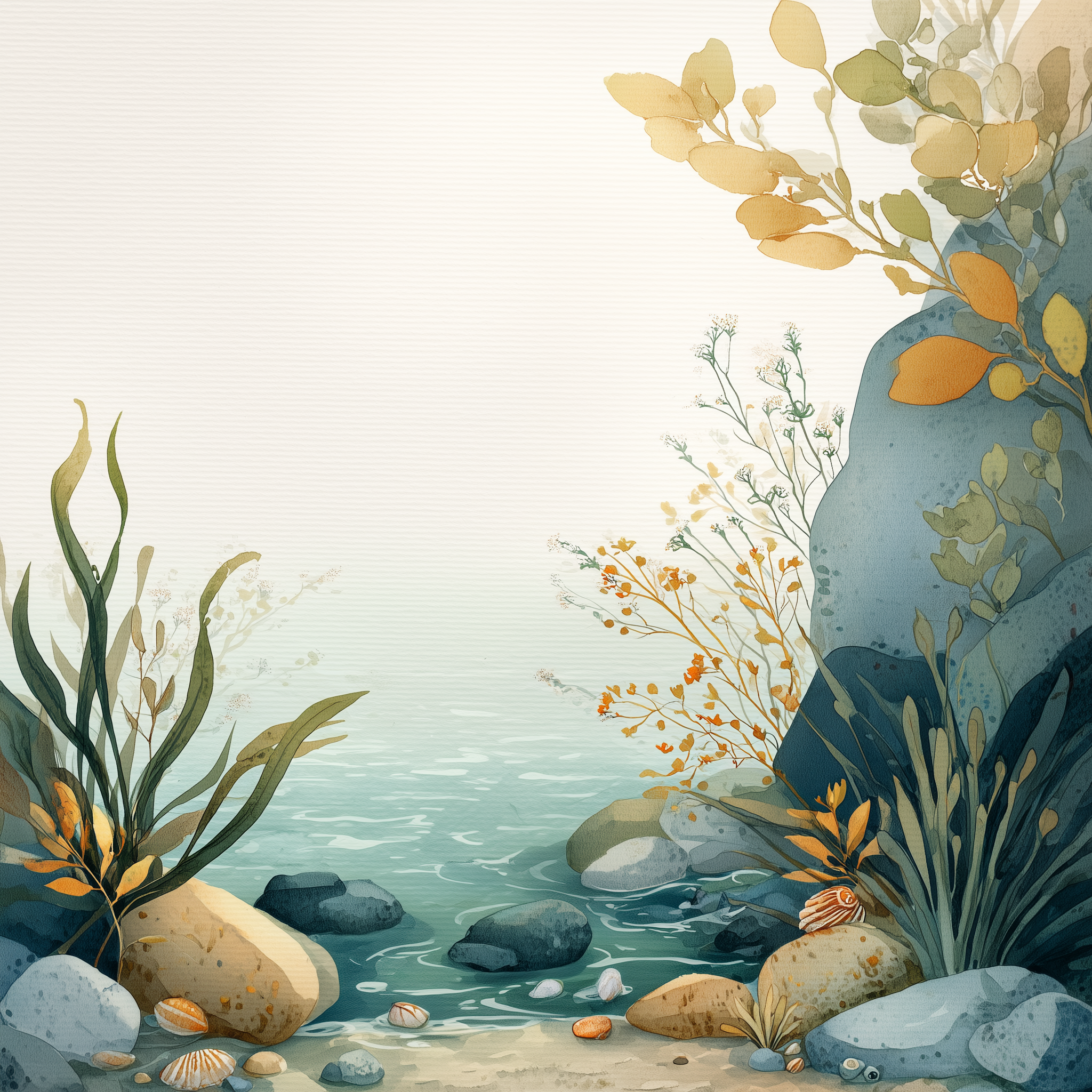 Illustration of a a peaceful river scene surrounded by rocks, sea shells, and various plants with a light pastel background.