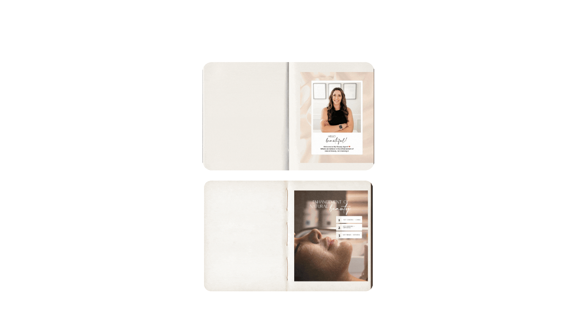 Open booklet showing a woman smiling in the top photo and a close-up of a face with text about natural beauty enhancement in the bottom photo. homepage banner for Ottersjoy Designs showcasing cute handmade and digital art products.