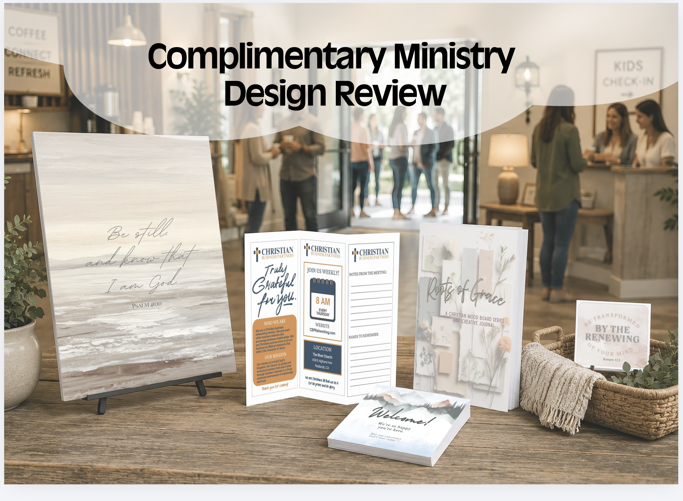 Display of church-related informational and promotional materials inside a welcoming church lobby with people chatting in the background.