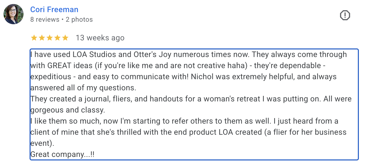 Screenshot of a Google review from Cori Freeman praising LOA Studios and Otter's Joy, expressing satisfaction with their ideas, communication, and creative products.