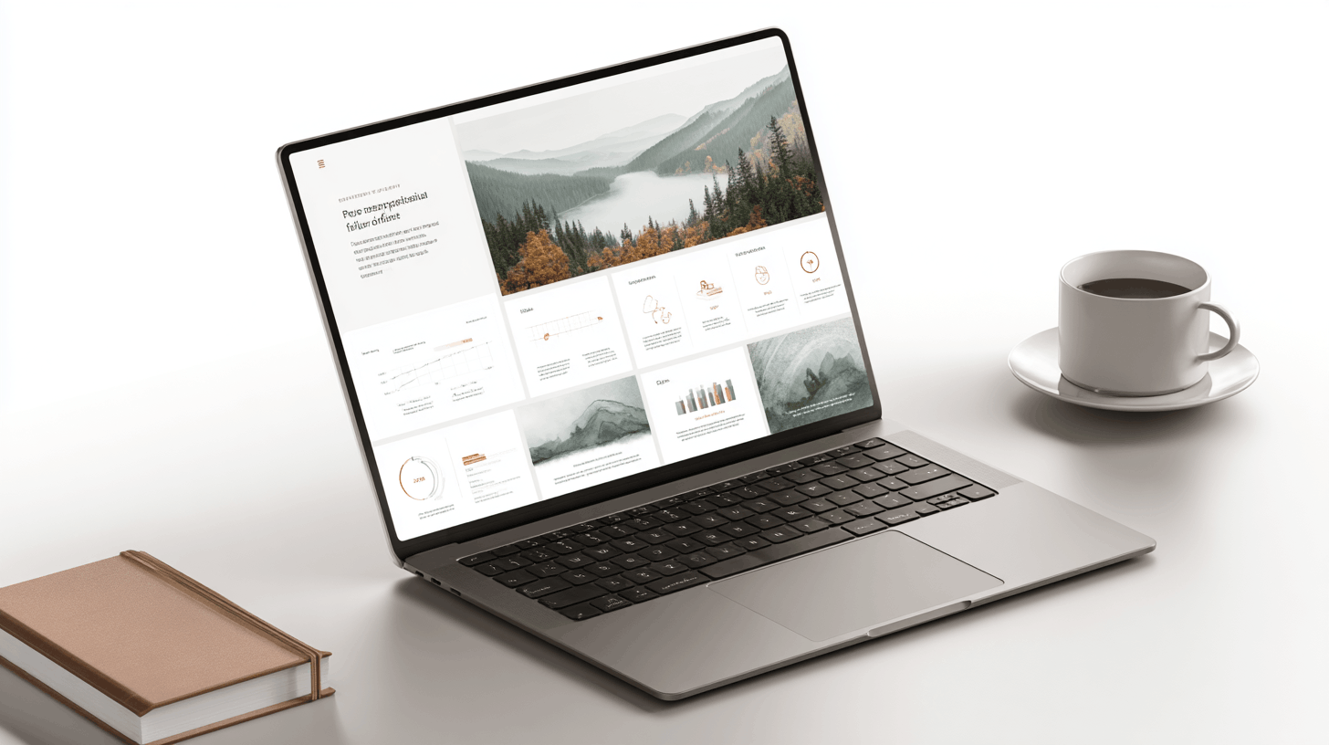 A laptop displaying a nature-themed website with mountains and fog, alongside a white cup of coffee on a saucer and a closed brown book on a white desk.