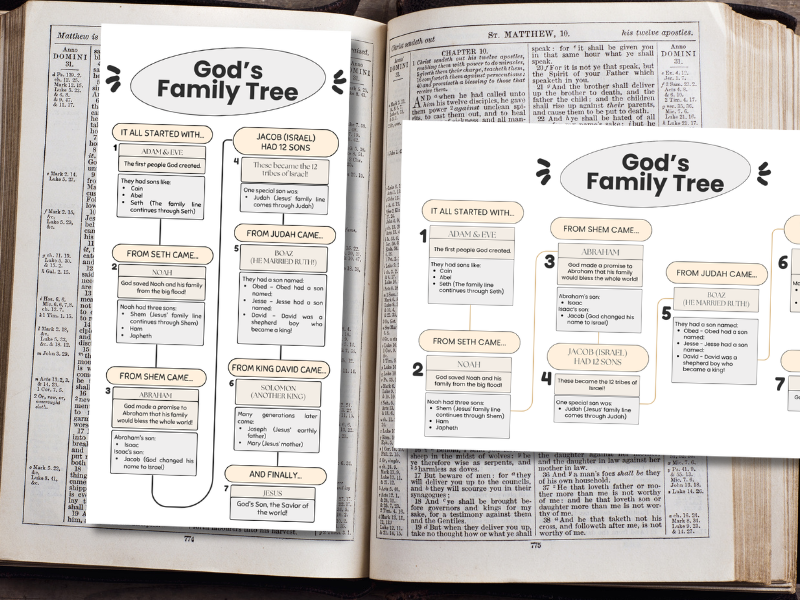 A children's Bible story chart titled 'God's Family Tree' depicting the genealogy of Jesus, starting from Adam and Eve, and continuing through Noah, Abraham, David, and ending with Jesus, with numbered steps and brief descriptions.