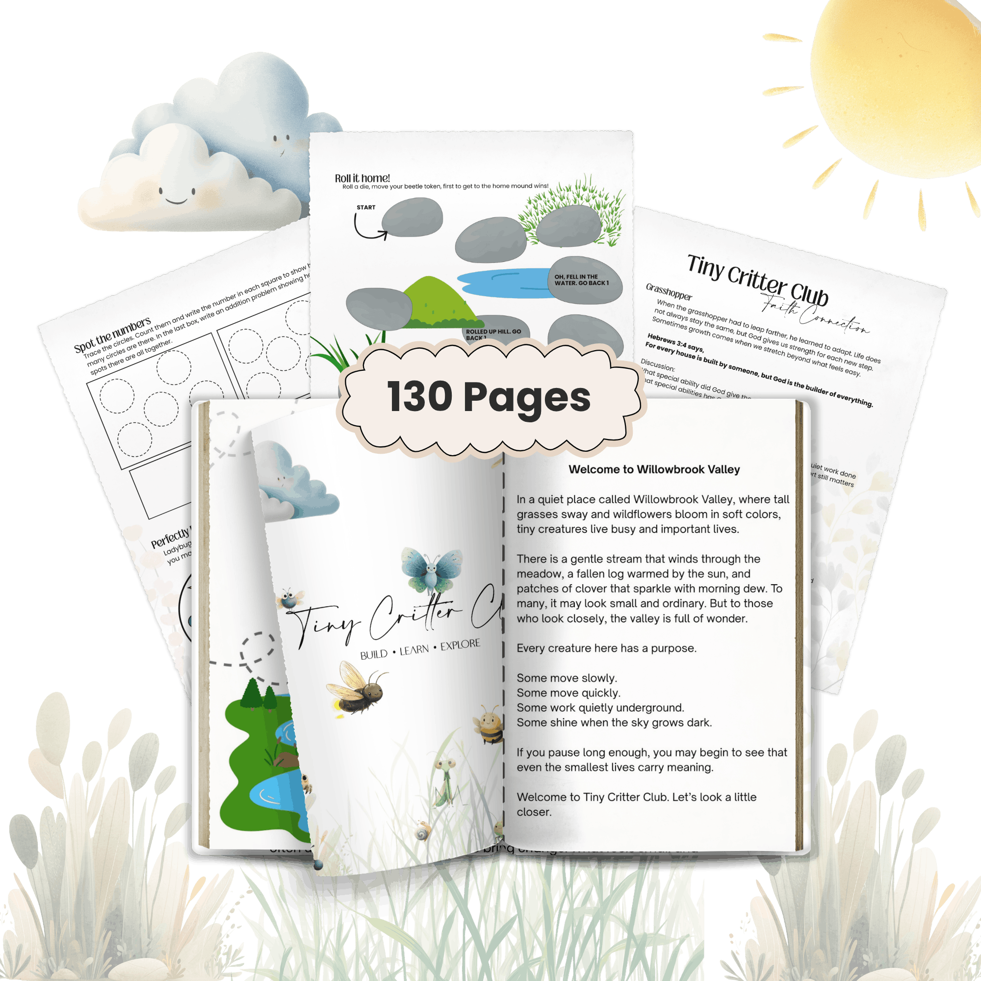 Illustration of a nature educational booklet titled "Tiny Critter Club" with content about small insects and creatures, surrounded by grass, plants, clouds with cheerful faces, and a bright sun.