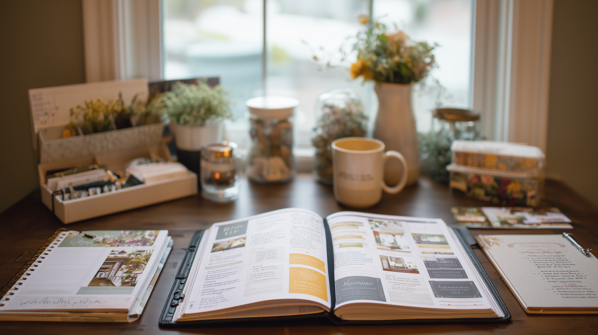 A desk with open notebooks and magazines, a coffee mug, and various jars and containers with flowers near a window.
