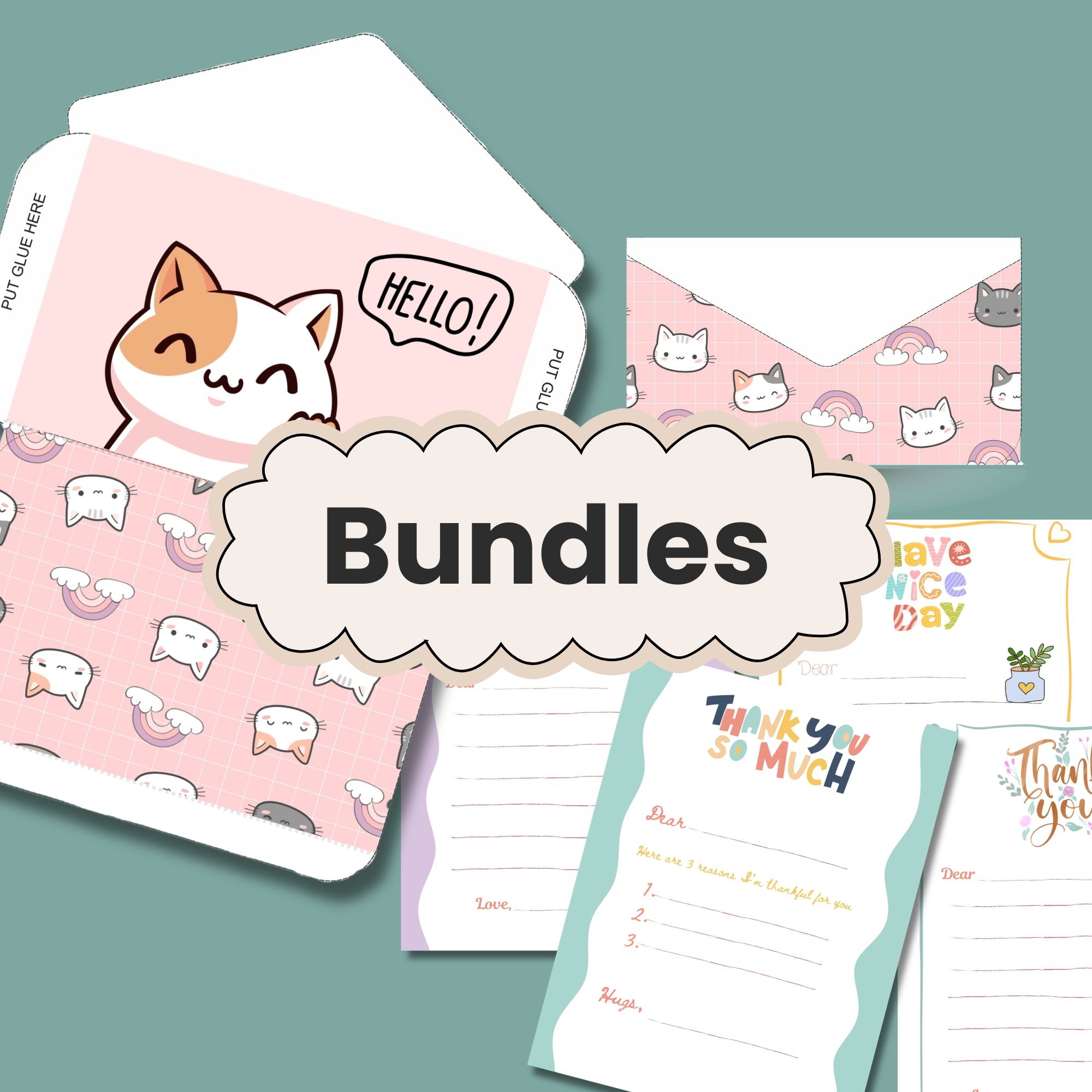 Collection of stationery items including colorful letter templates, thank you notes, and envelopes with cute cat and rainbow patterns.