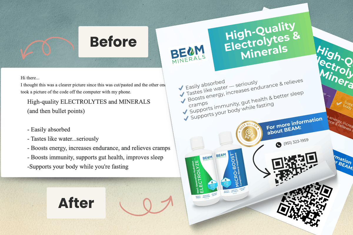 Comparison image showing a handwritten note labeled 'Before' with a plain text list of electrolyte benefits and a printed flyer labeled 'After' with a digital design, product images, and QR codes for electrolyte supplements.