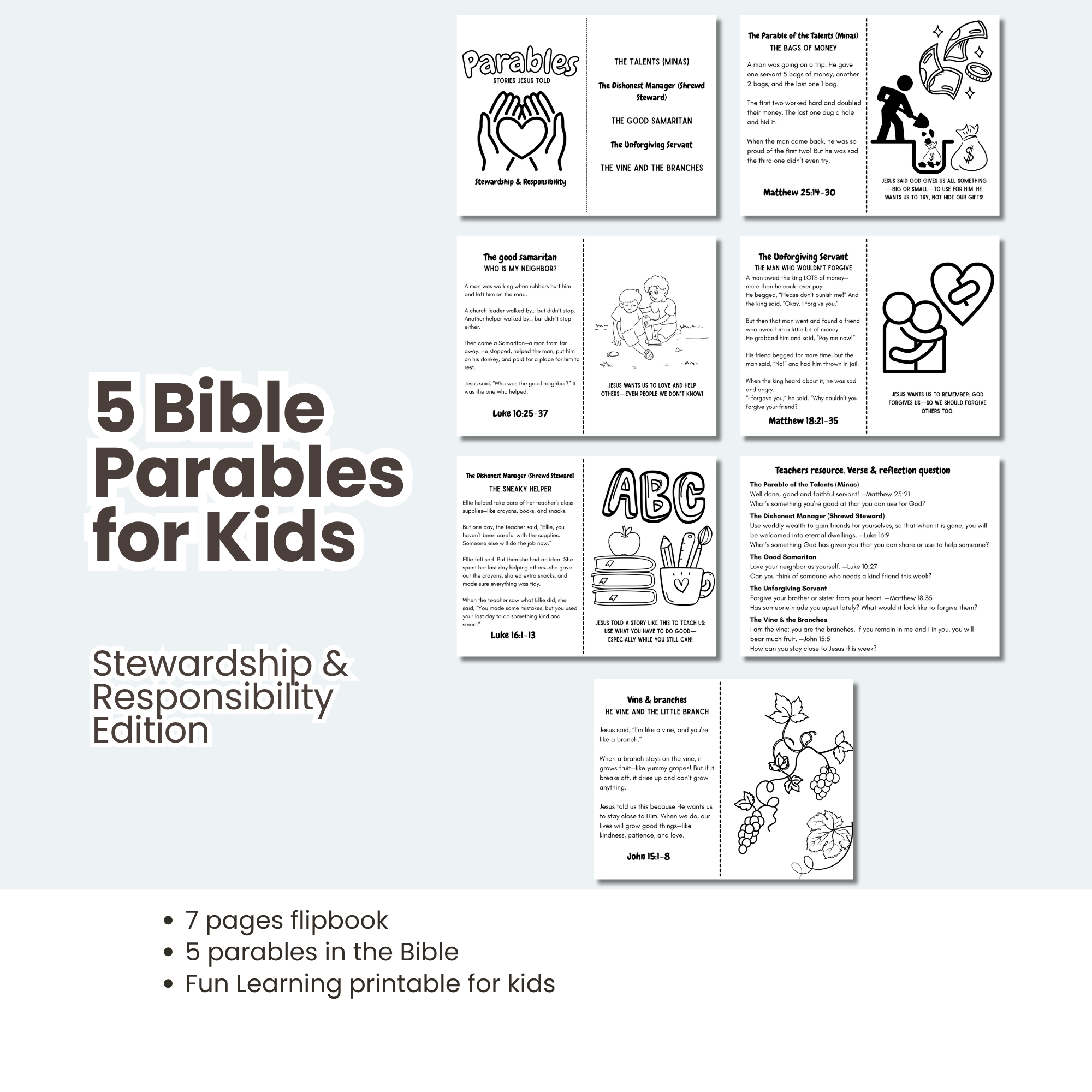 Sunday school activities for kids with Bible parables crafts and flip books