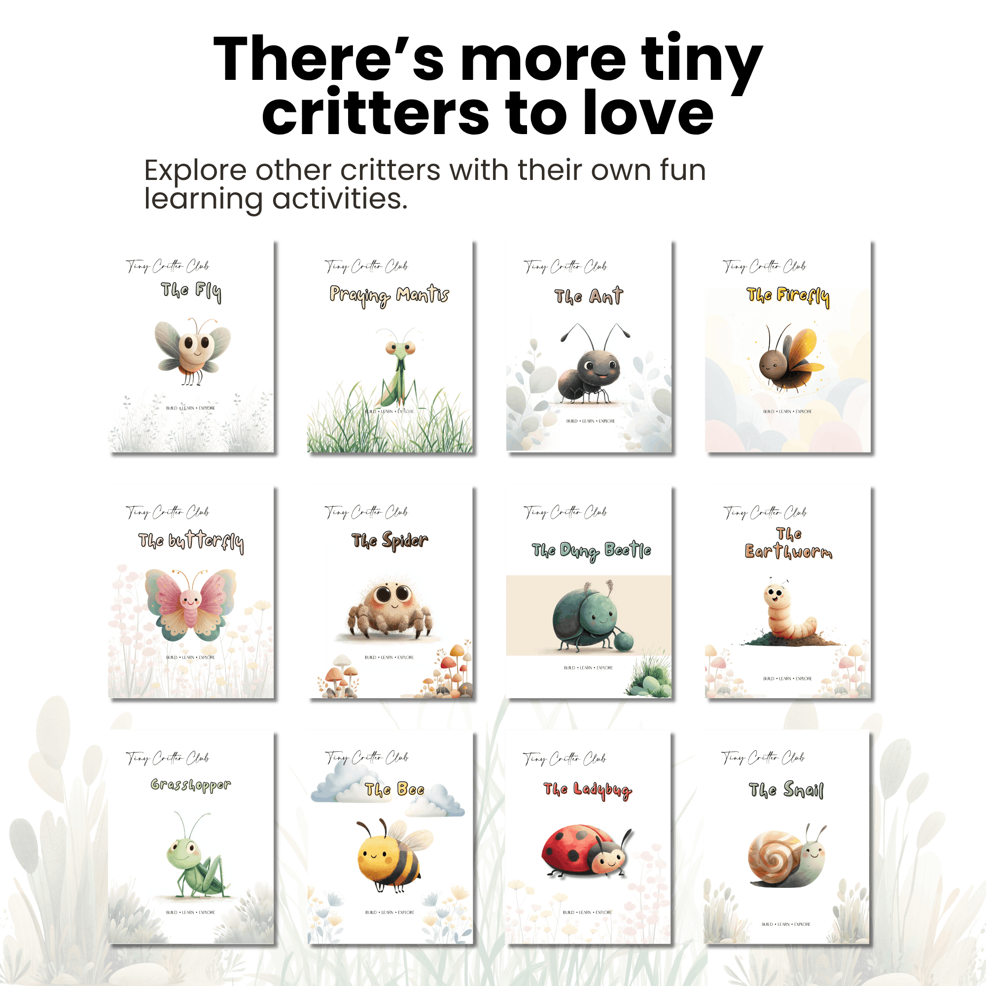 A display of children's activity cards featuring cartoon insects and bugs, including a fly, praying mantis, ant, firefly, grasshopper, bee, ladybug, snail, and caterpillar, set against a leafy background.