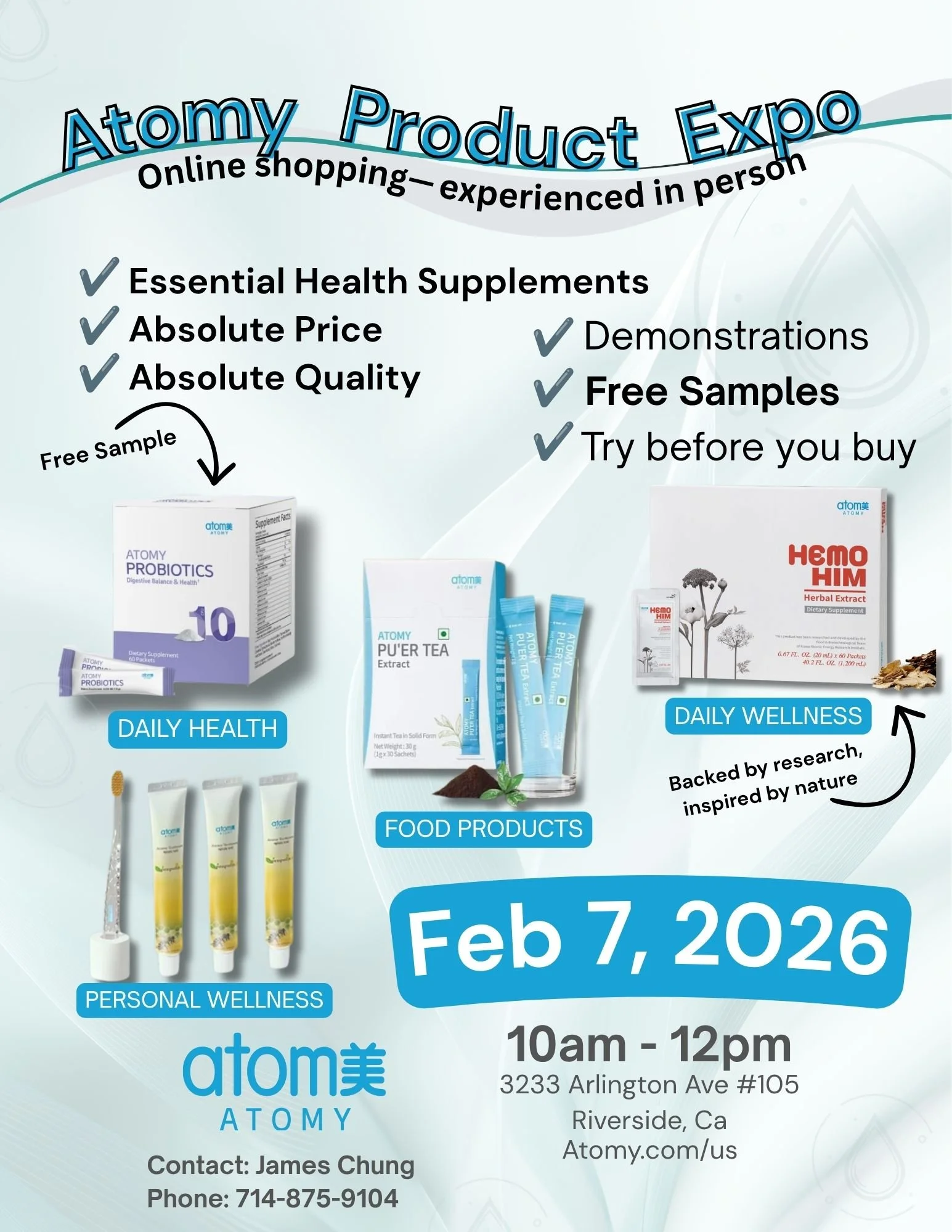 Event poster for 'Atomy Product Expo,' showcasing health supplements, teas, herbal extracts, and personal wellness products, with event details including date, time, location, and contact information.