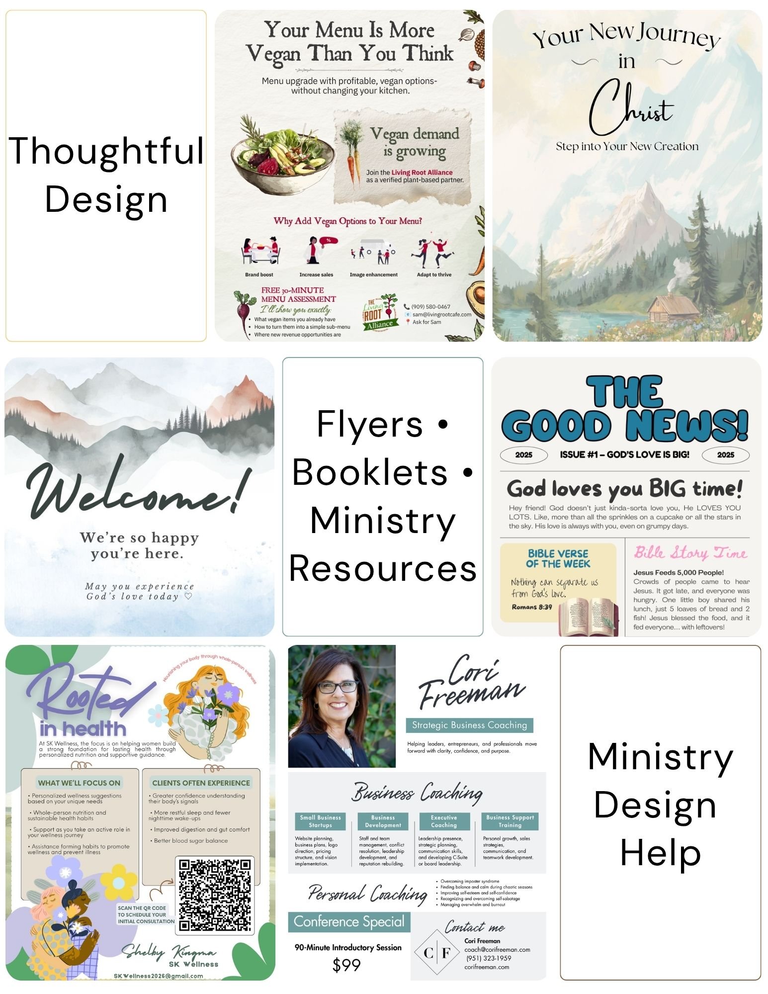 Collection of flyers, posters, and brochures related to ministry resources, health wellness, business coaching, and inspirational messages, featuring nature backgrounds, illustrations, and contact information.