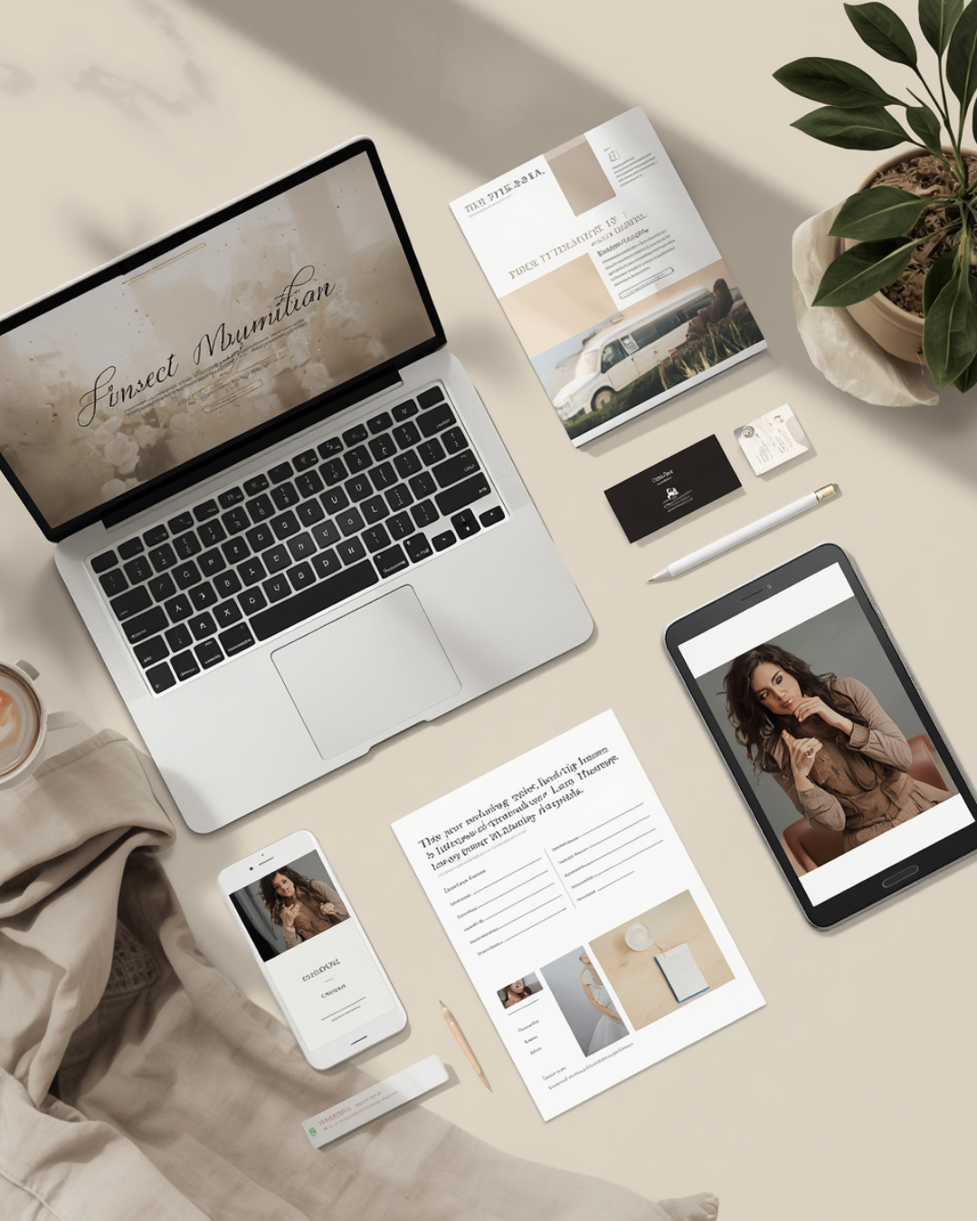 Completed church event materials including booklet, flyer, sermon notes, and social graphics arranged neatly on table, soft beige and sage color palette, welcoming and polished atmosphere, modern realistic style
