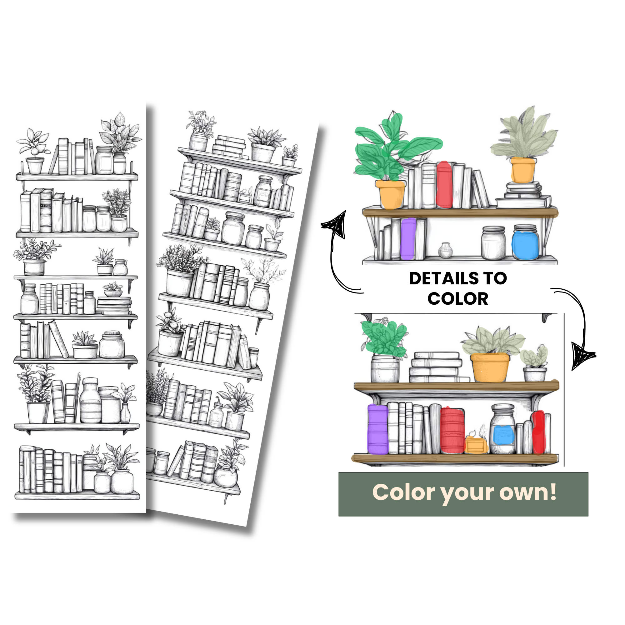 A coloring activity with empty black and white illustrations of bookshelves filled with books and potted plants, alongside pre-colored versions, and a caption that reads 'Color your own!'