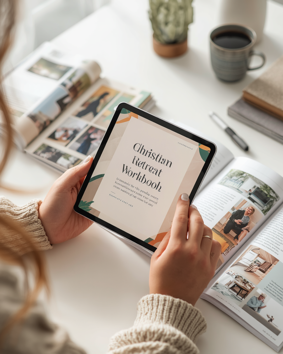 Close-up of hands reviewing church flyer design proofs with pen and tablet, beige workspace, soft shadows, elegant and calm design studio atmosphere, warm ministry aesthetic
