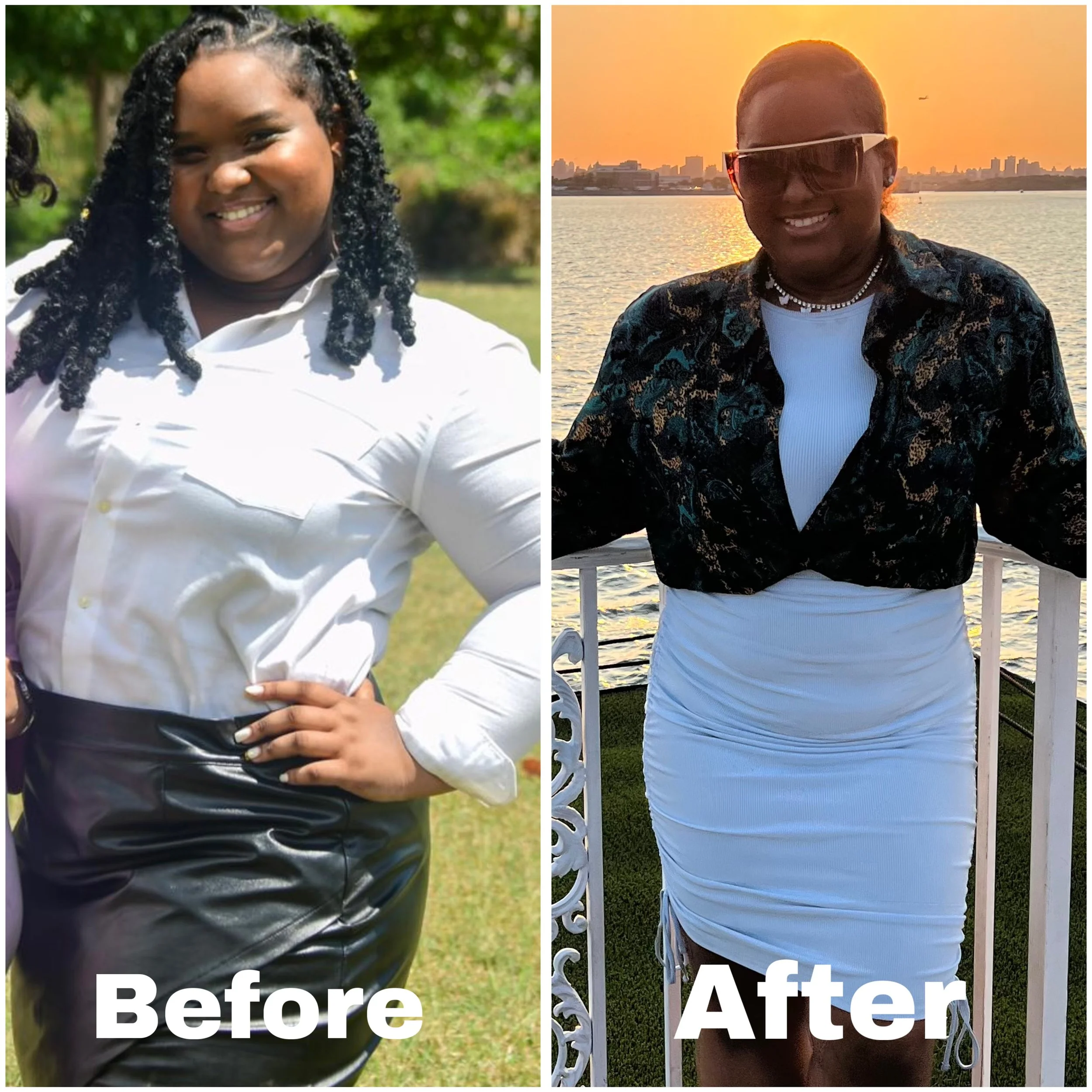 Side-by-side photos showing a woman before and after a body transformation. In the 'before' photo, she is wearing a white button-up shirt and black shiny skirt, smiling outdoors in bright sunlight with greenery in the background. In the 'after' photo, she is wearing a black patterned jacket, white skirt, sunglasses, and a necklace, standing by a railing on a boat during sunset with water and city skyline in the background.