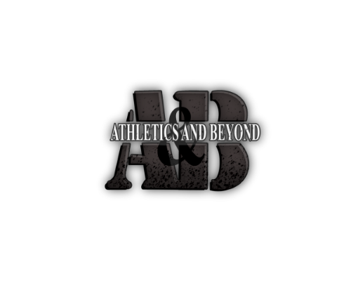 Black background with large faded 'NB' letters and the text 'ATHLETICS AND BEYOND' overlaid in white.