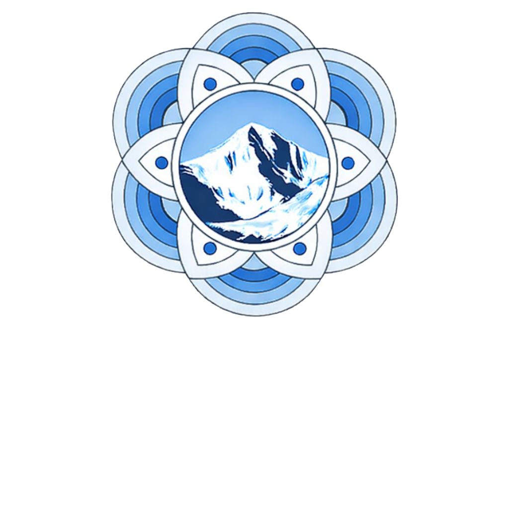 A stylized mountain with snow and ice, surrounded by a decorative geometric blue and white pattern resembling a snowflake or mandala.