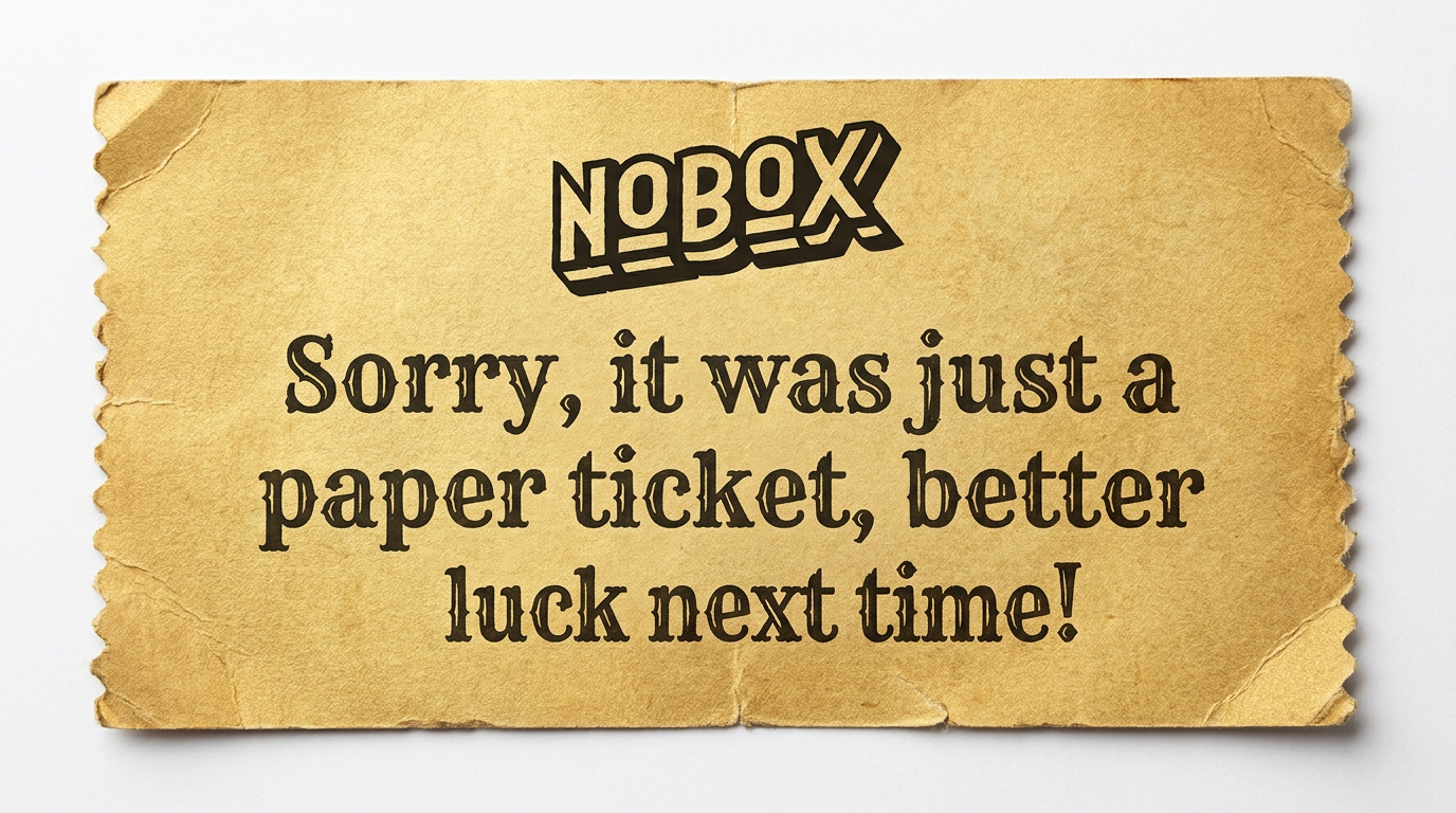A torn, aged paper ticket with the words 'NOBOX' at the top and a message apologizing for a paper ticket, wishing better luck next time.