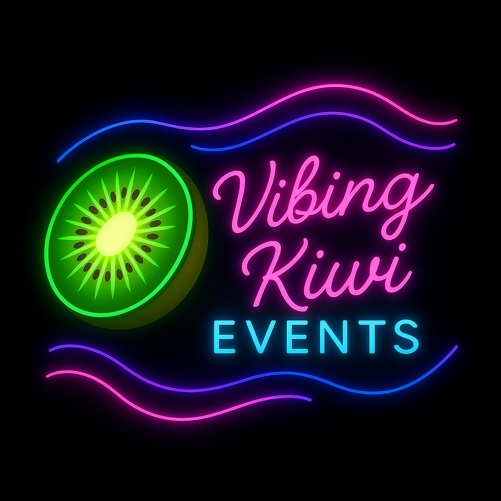 Neon sign with a sliced kiwi and colorful wavy lines, reading "Vibing Kiwi EVENTS" in pink, blue, and purple.