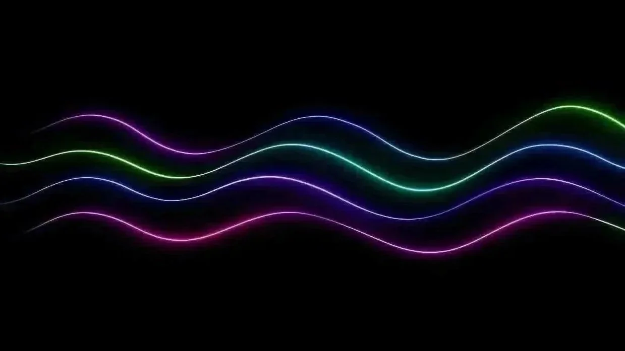 Neon light waves in purple, blue, green, and white on a black background.