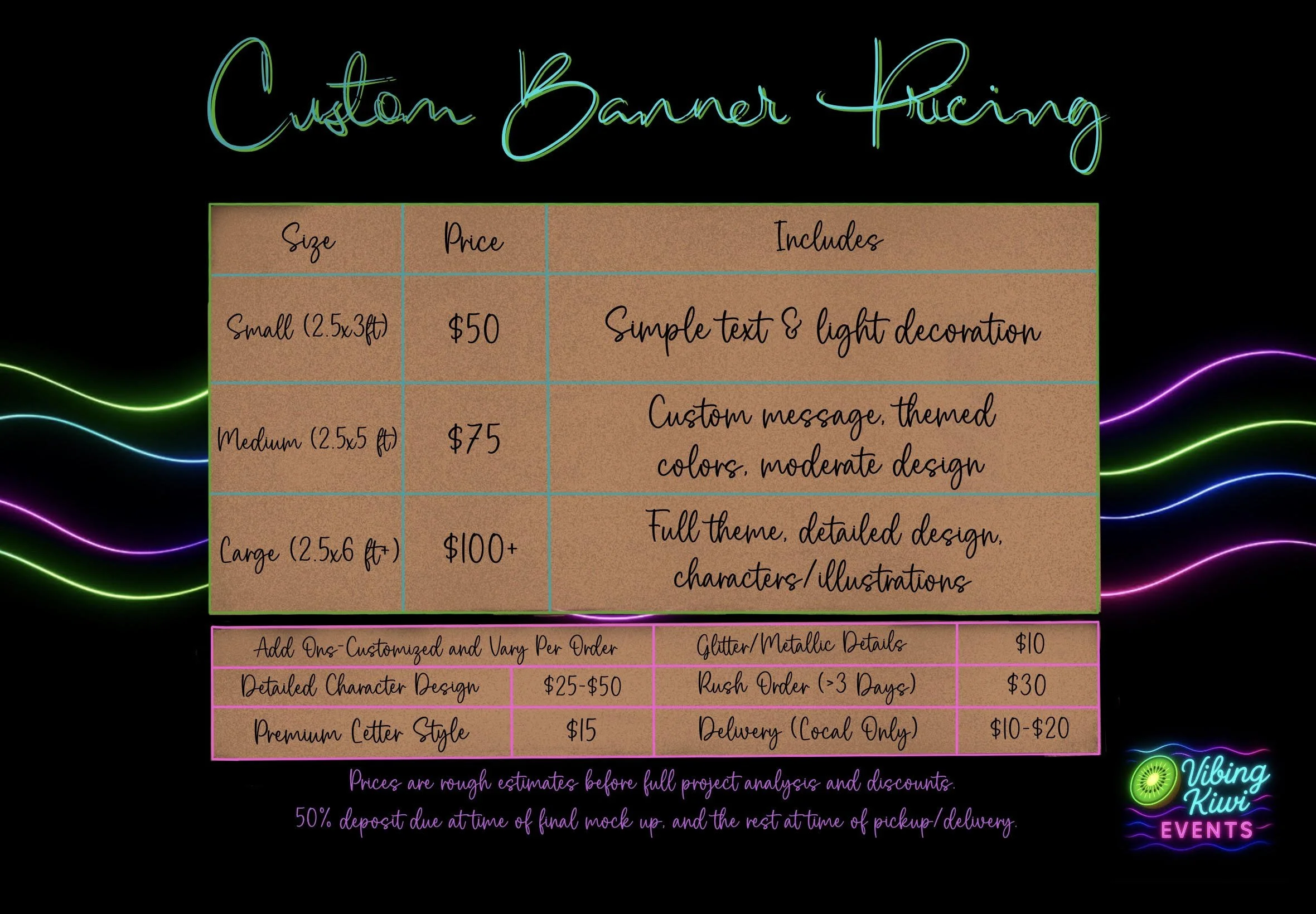 Pricing and options for custom banner printing displayed in table format with neon-colored waves and logo in bottom right corner.