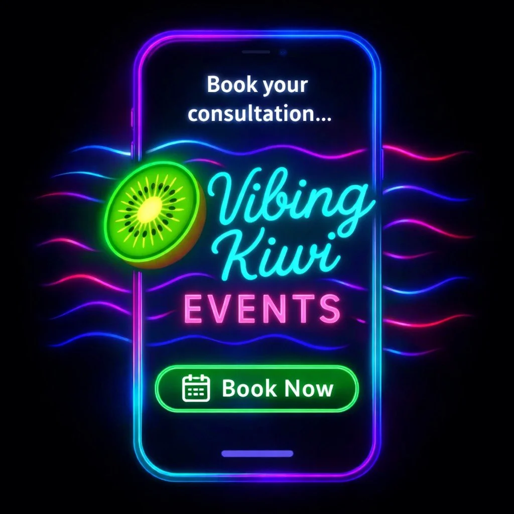 Neon sign advertisement for Vibing Kiwi events with a kiwi fruit illustration, colorful wave lines, and a green 'Book Now' button.