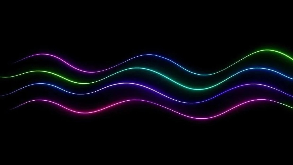 Colorful neon light waves on a black background.