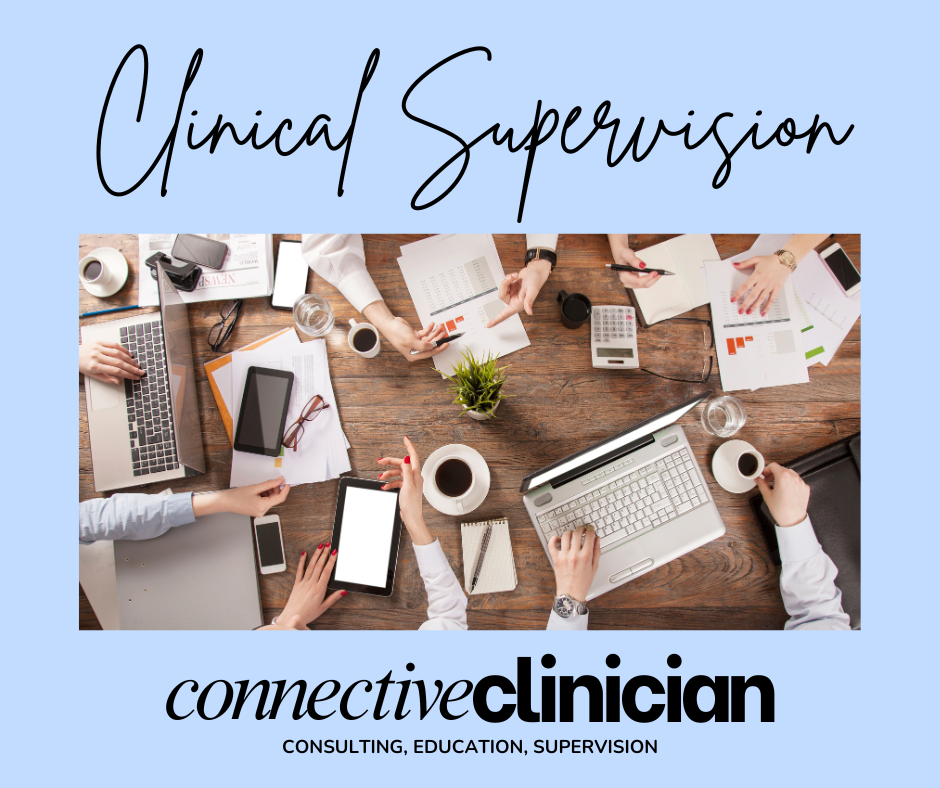 A meeting of healthcare professionals around a wooden table with laptops, tablets, notebooks, pens, and cups of coffee, labeled as 'Clinical Supervision = connective clinician' for consulting, education, and supervision.