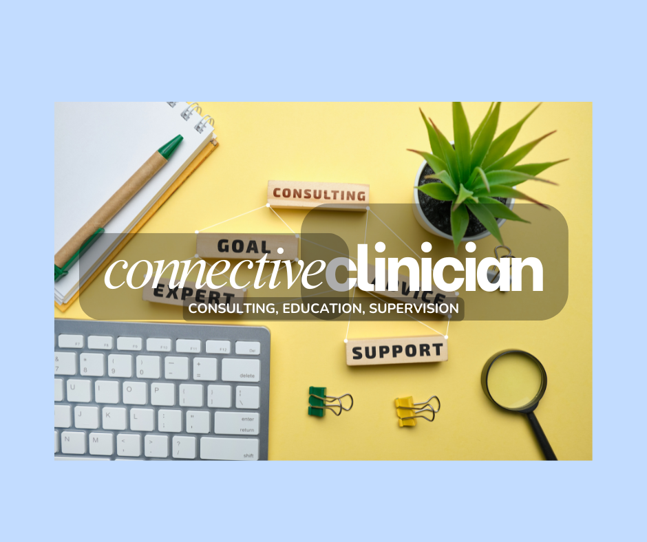 Flat lay of office desk items including a keyboard, notepads with pens, a potted succulent plant, paper clips, a magnifying glass, and Scrabble tiles spelling 'GOAL', 'EXPERT', 'CONSULTING', and 'SUPPORT', with overlay text about clinical consulting and supervision.