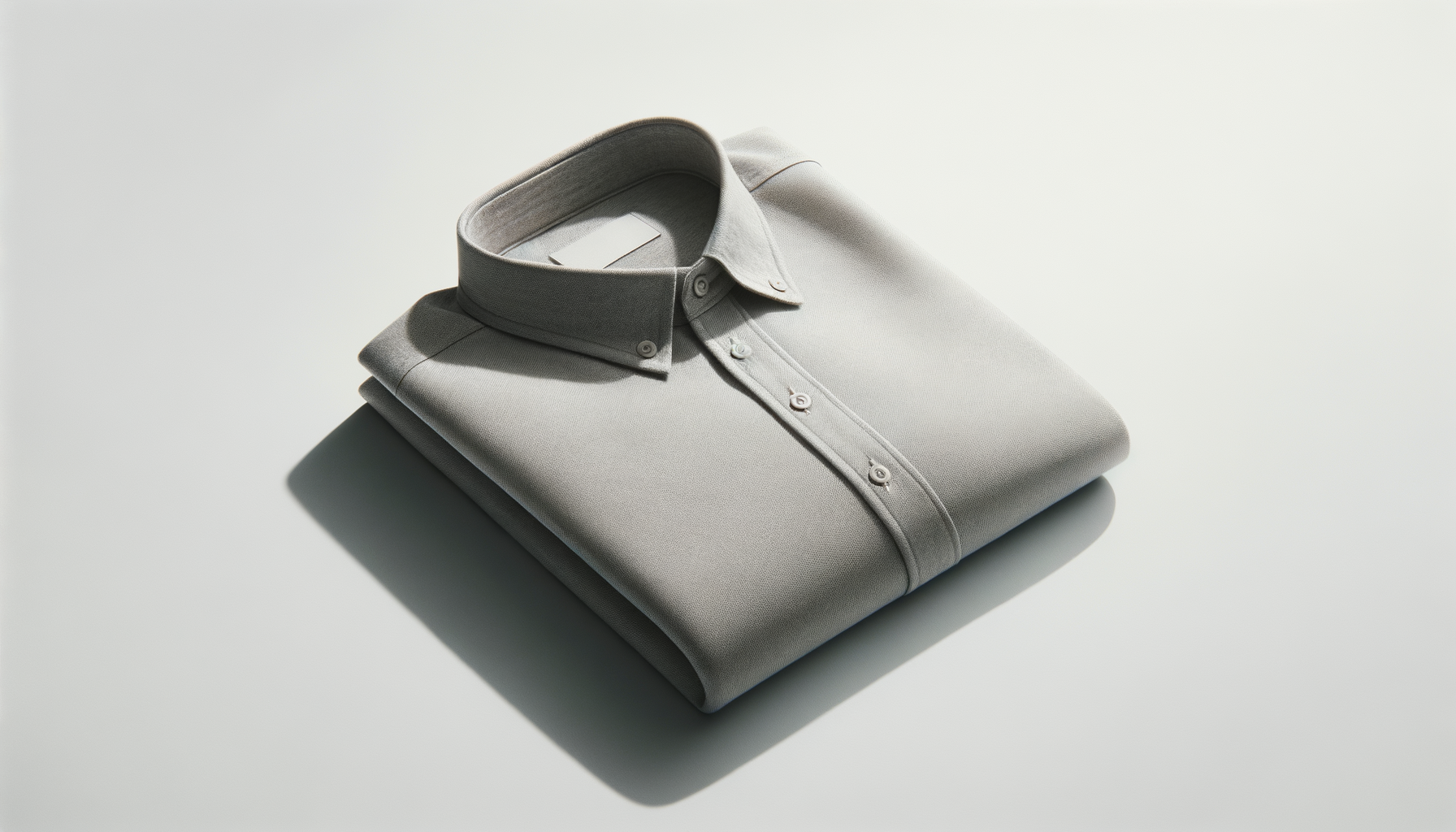 A neatly folded light gray dress shirt with a button-down collar on a plain white surface.