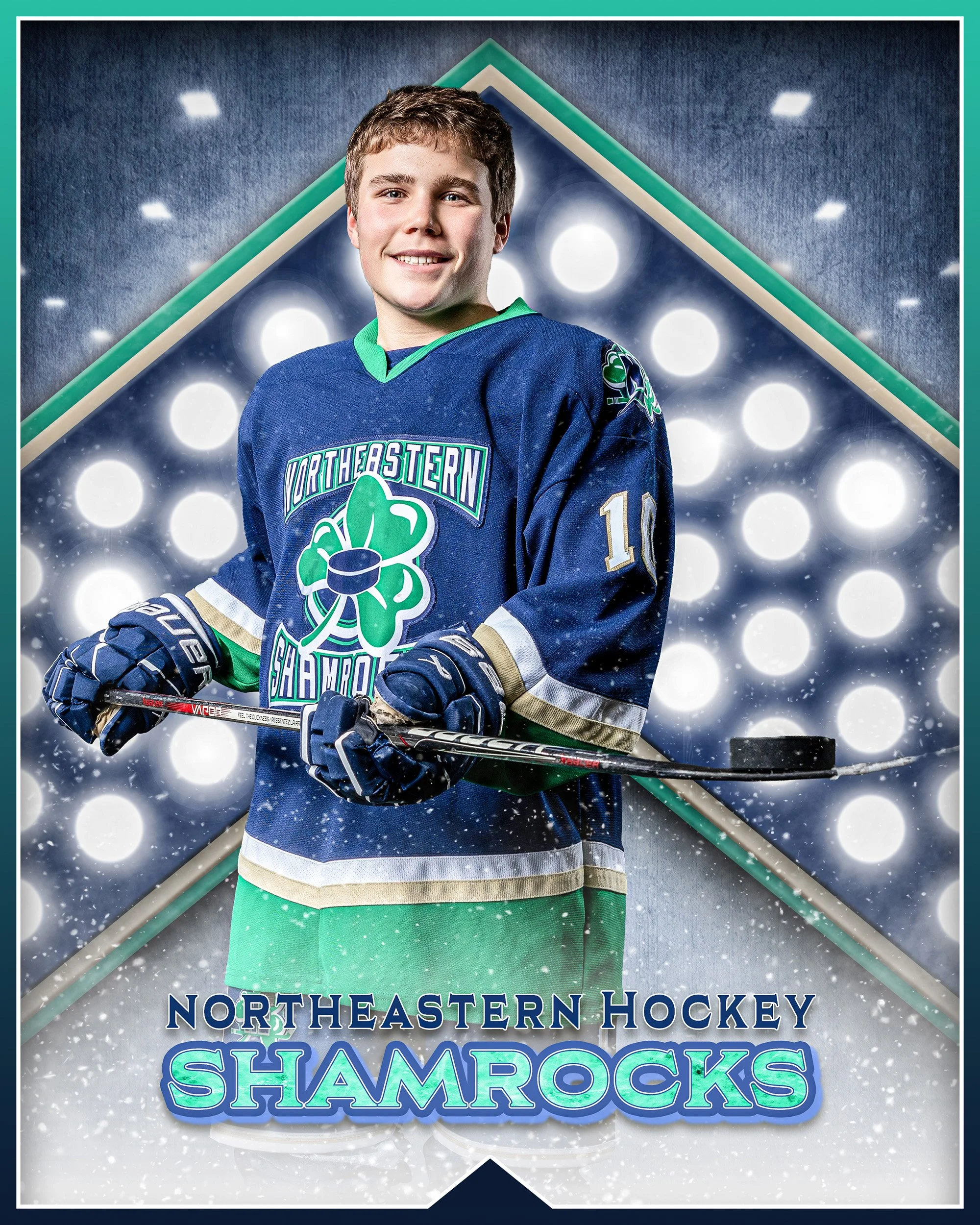 A young male hockey player in a blue and green Northeastern Shamrocks jersey holding a hockey stick, smiling, with a background of illuminated lights and digital snow effects.