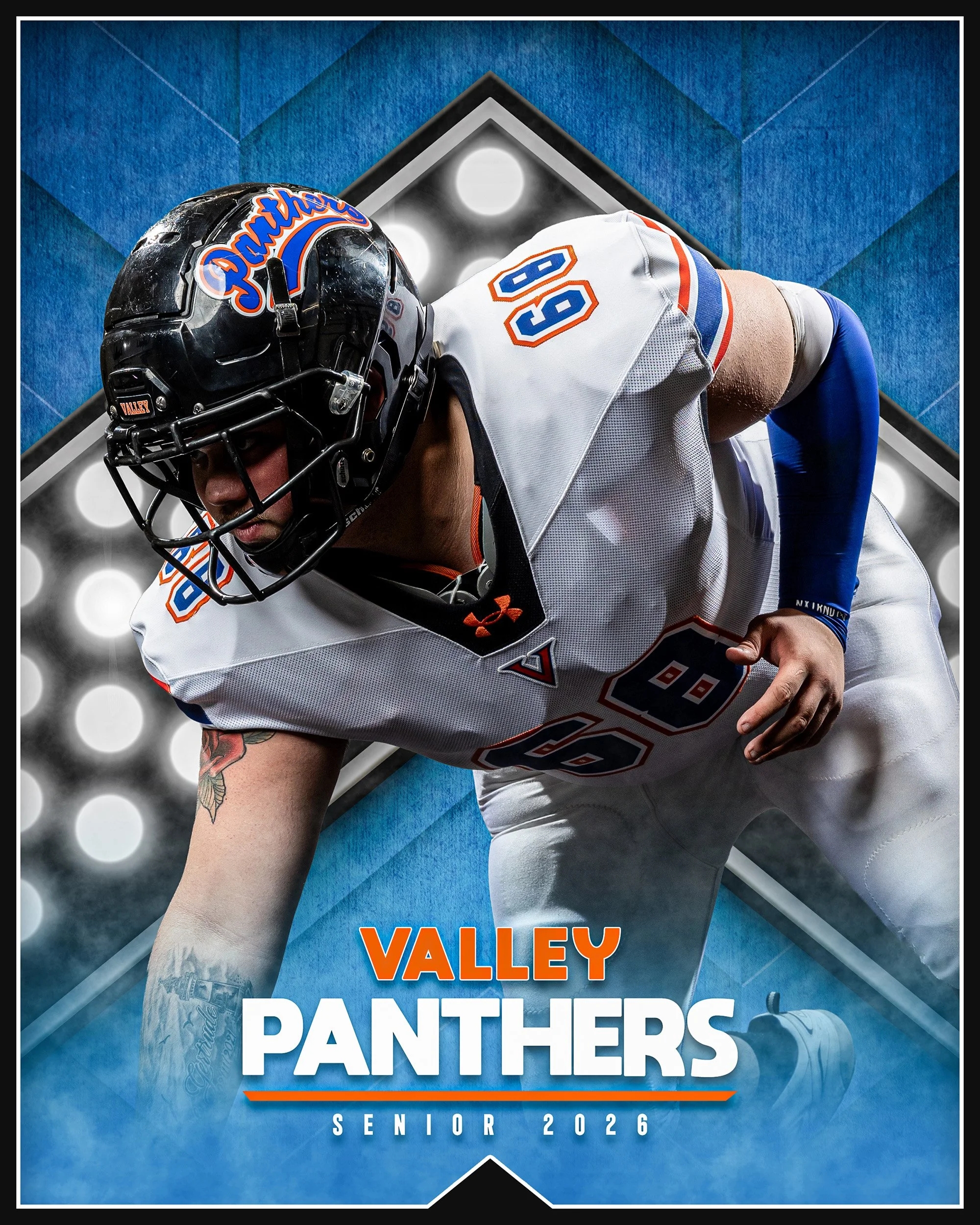 A football player in a white jersey with blue and orange accents, wearing a black helmet with the word 'Panthers' on it, showcases a muscular build with tattoos on his arm, against a blue textured background with a spotlight effect.