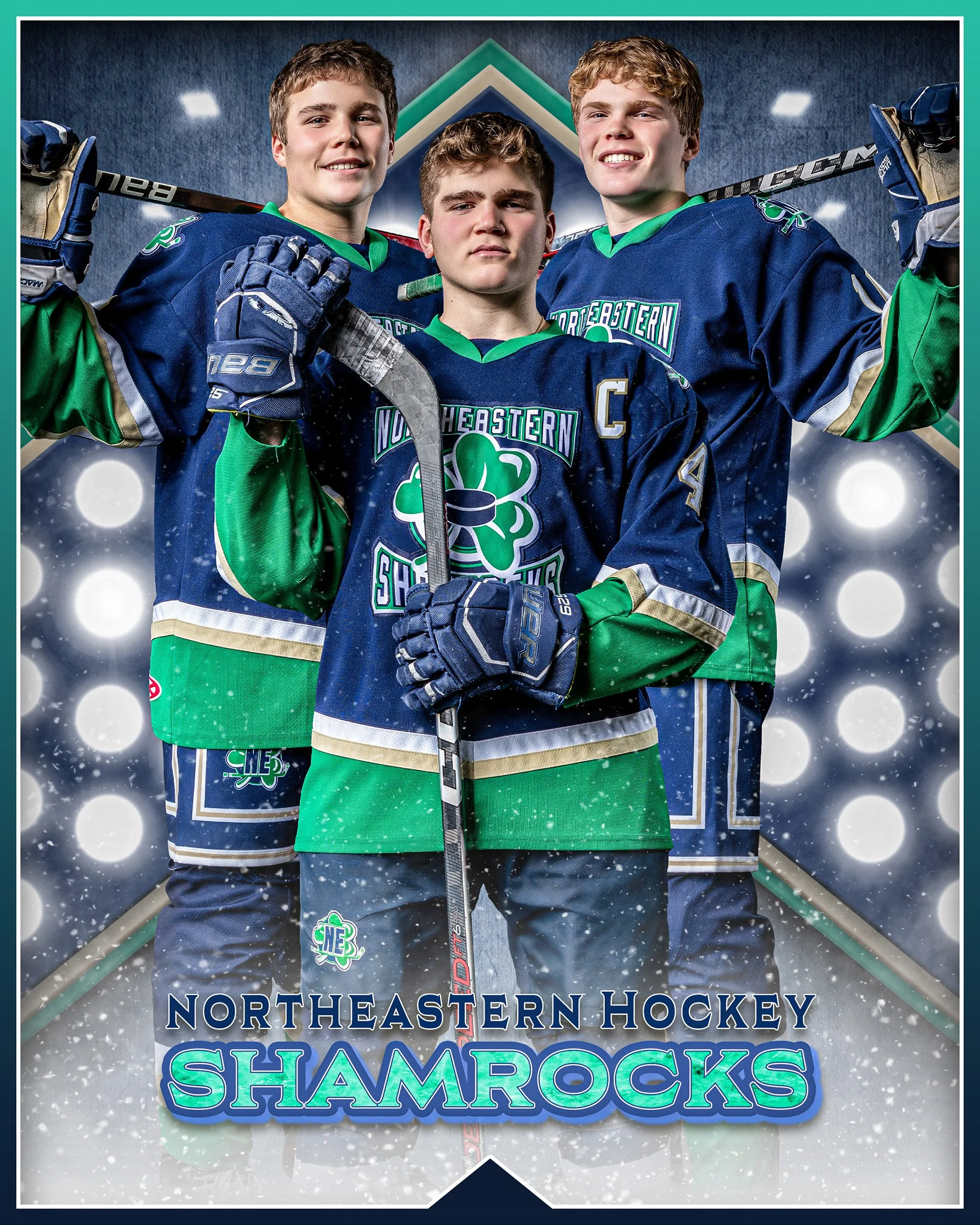Three young male hockey players in blue and green Northeastern hockey uniforms pose with serious expressions, holding hockey sticks in front of a backdrop with lights and snow effects, featuring the text 'Northeastern Hockey Shamrocks'.