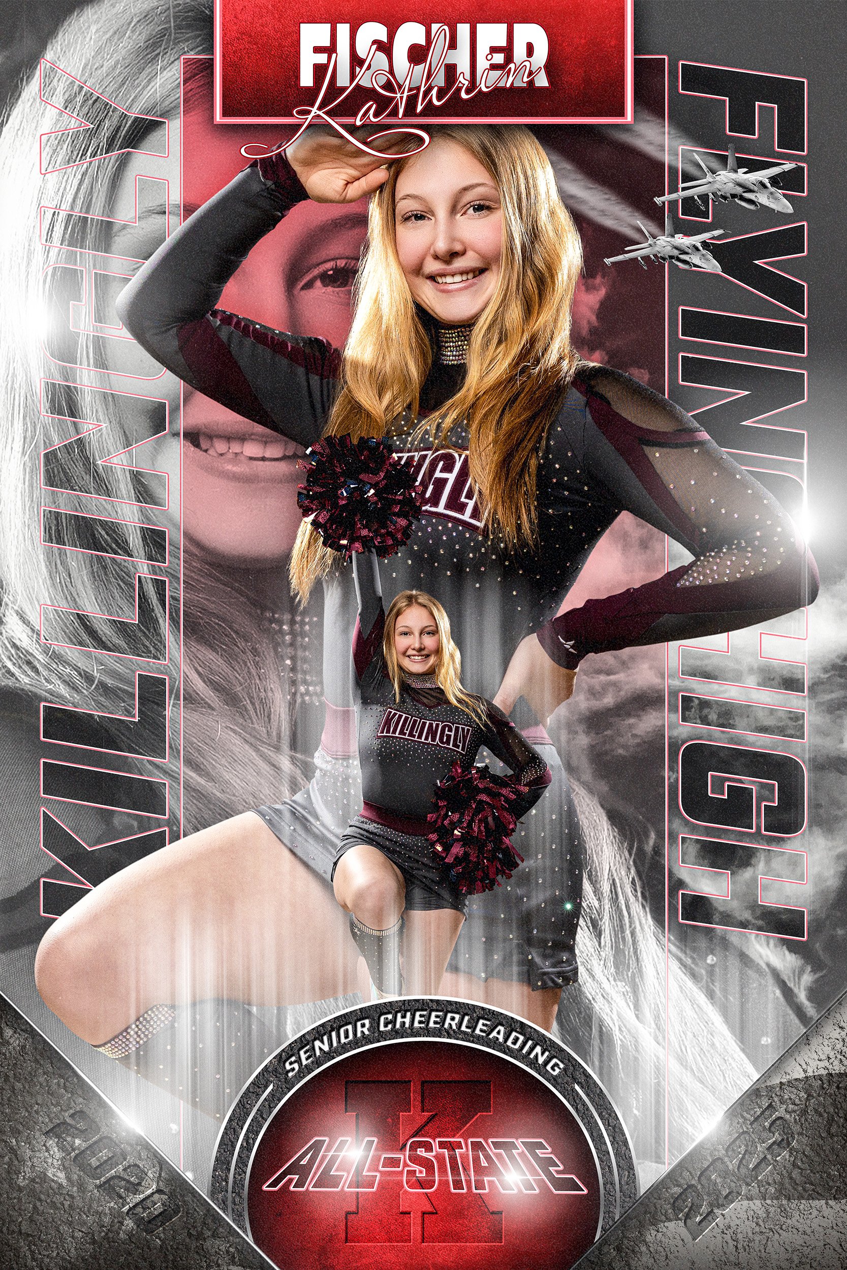 A cheerleader in a black and gray uniform with red accents, holding pom-poms, stands in front of a collage background featuring a large black and white image of her smiling face, with texts reading 'Fischer Kathrin' and 'Killings'. The foreground inc