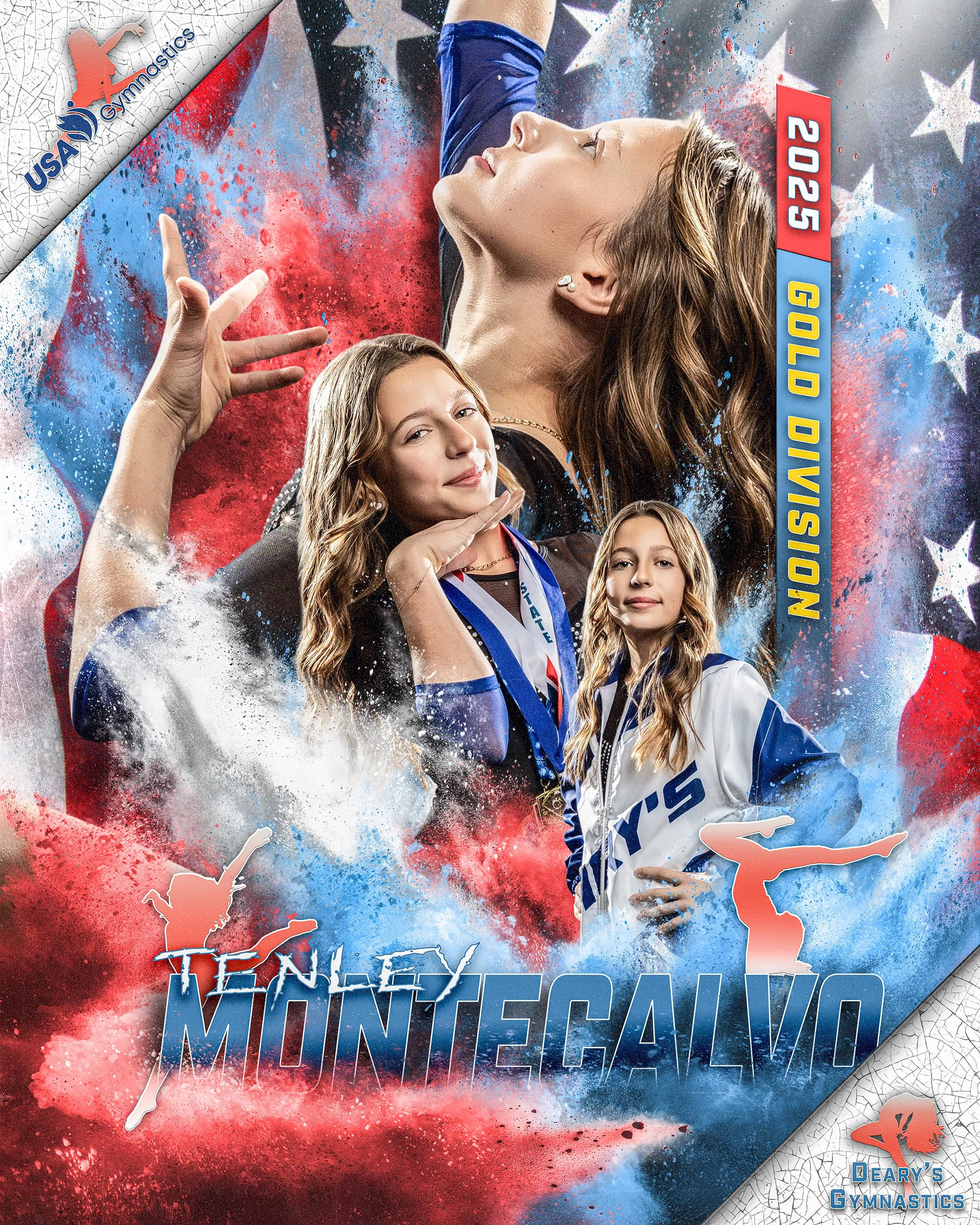 A poster featuring a young female gymnast in different poses, with red, white, and blue splashes and stars in the background. Text includes "2025 Gold Division" and "Tenny Montecavo." Deary's Gymnastics logo is in the lower right corner.