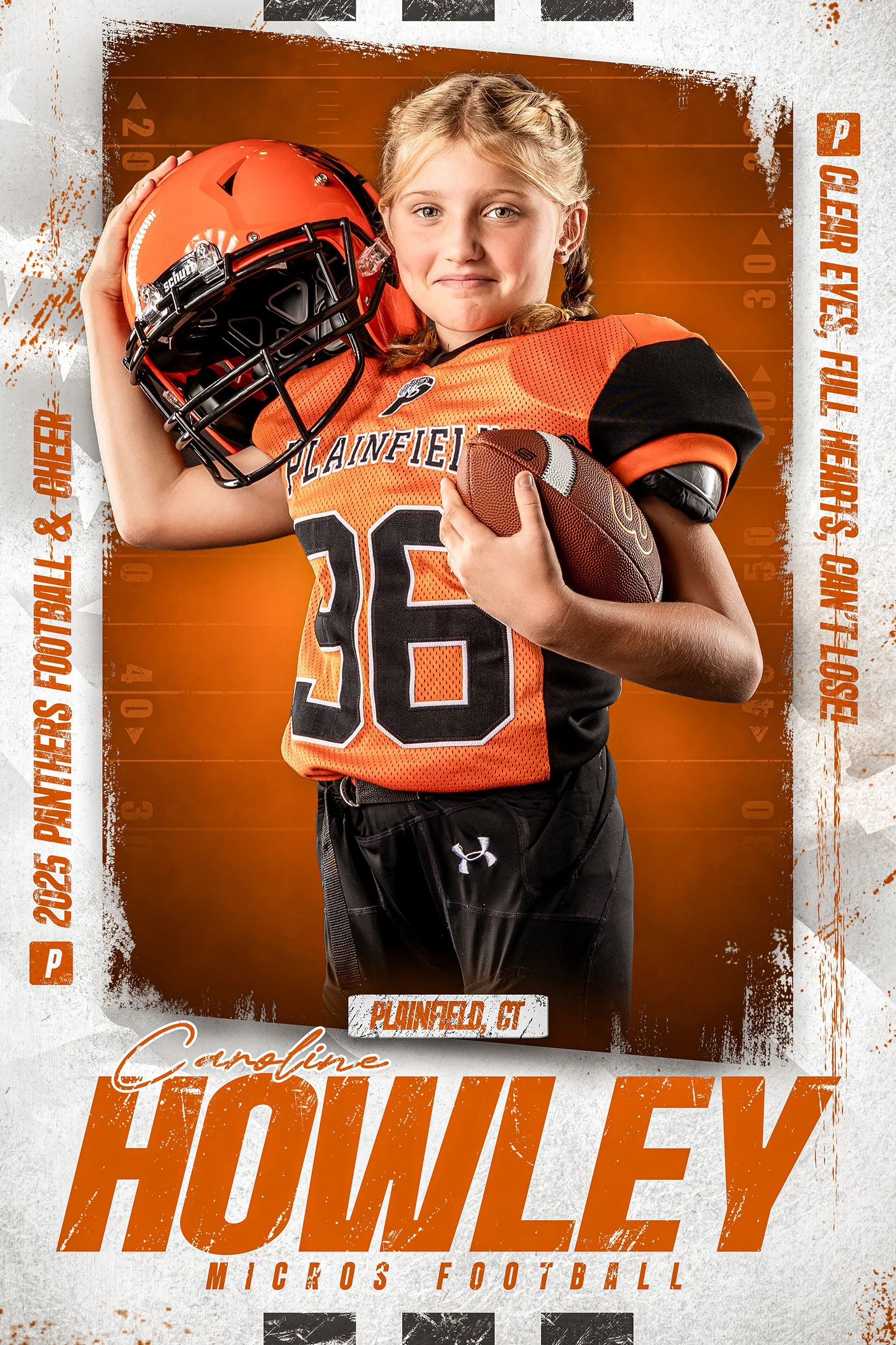 A young female football player with blonde hair in braids, wearing an orange and black Plainefield jersey with the number 26, holding a football in her right hand and a football helmet over her left shoulder, standing against an orange background wit