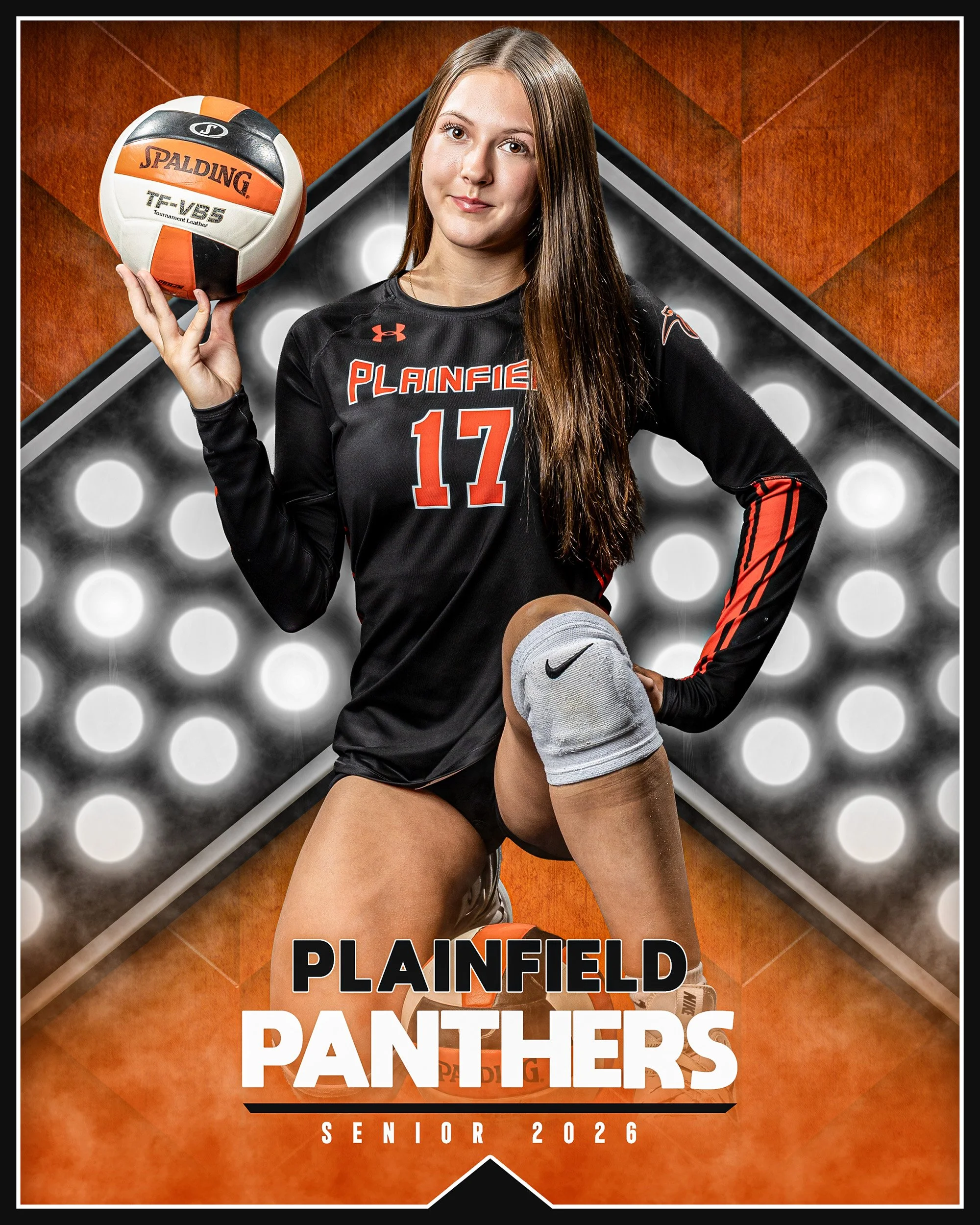 A young female volleyball player in a black uniform with orange accents, holding a volleyball in one hand, kneeling with one knee on the ground, against a background with bright circular lights. Text indicates she is part of the Plainfield Panthers, 