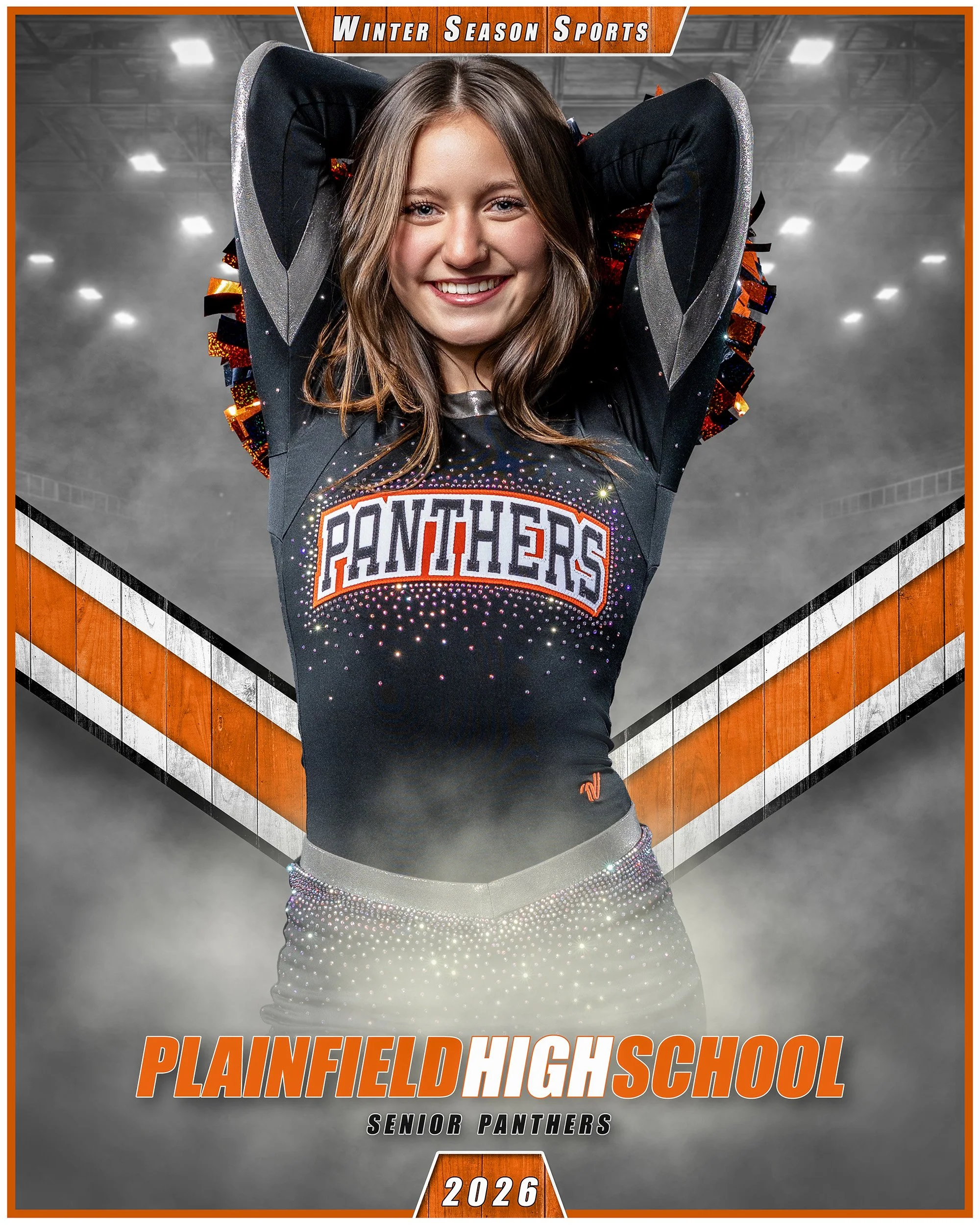 A smiling young girl wearing a black cheerleading uniform with 'Panthers' written on it, standing with her arms behind her head. The background features a high school sports setting with the text 'Plainfield High School Senior Panthers 2026' and a lo