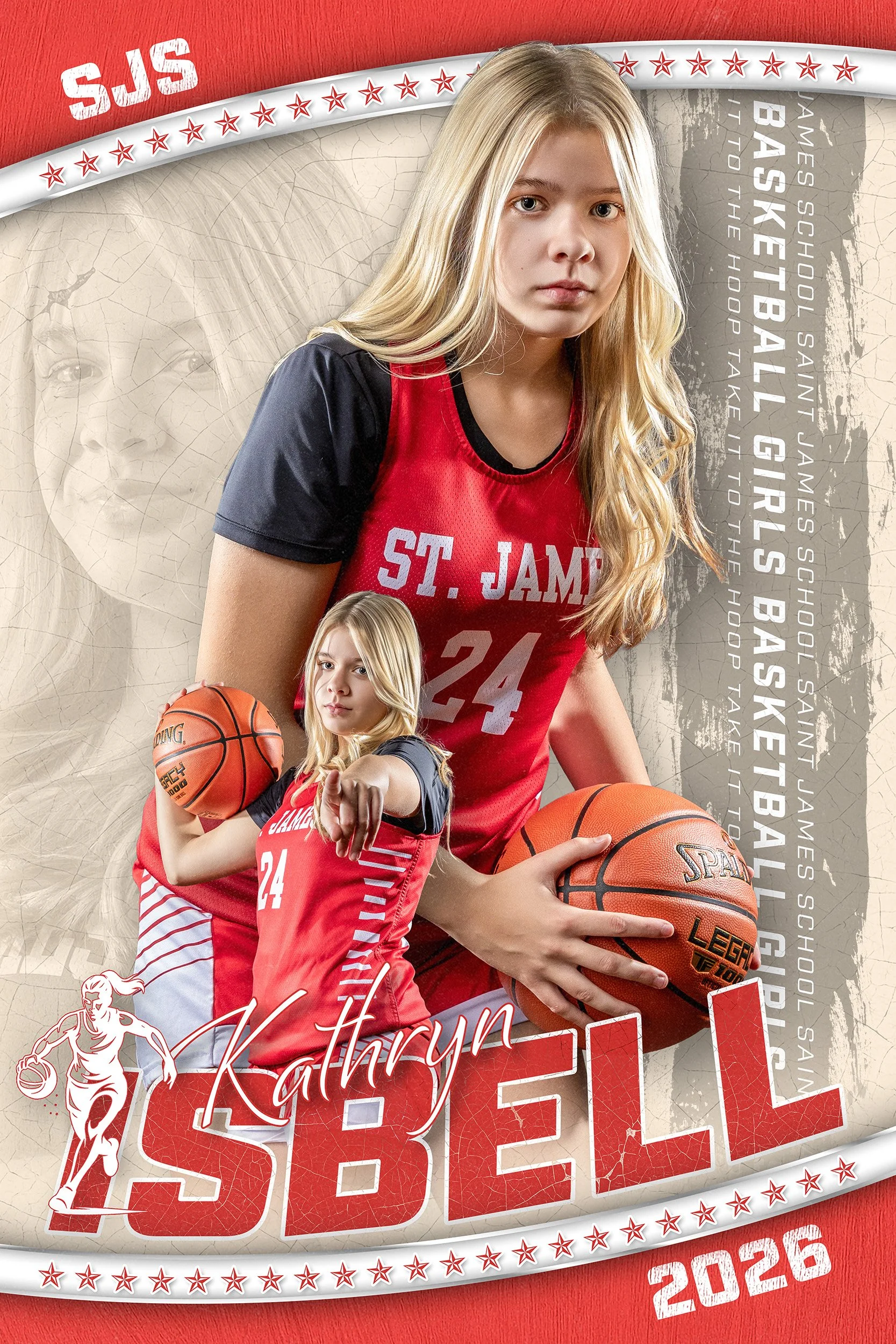 A poster of a young girl basketball player named Kathryn Skrippel, wearing a red and black St. Jame basketball jersey with the number 24, holding a basketball, with a smaller image of her in front of her pointing, and the words "Kathryn Skrippel" and