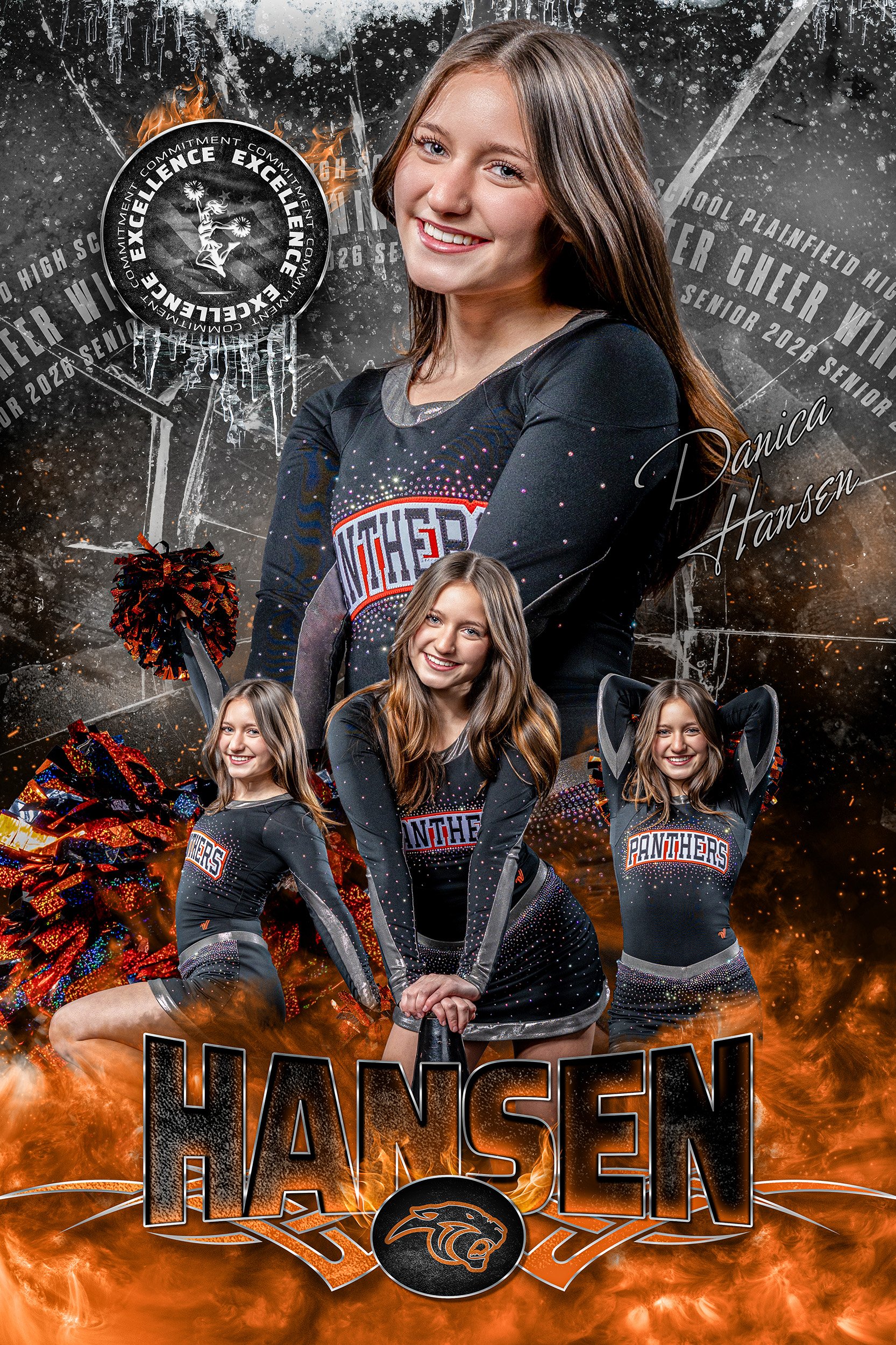 A collage of four images of a young female cheerleader in a black uniform with the word "Panthers" on it, set against a fiery, smoky background. Her name, Danica Hansen, is written in cursive, and there's a panther logo at the bottom. One large image shows her smiling and looking at the camera, while three smaller images show her in different cheerleading poses. There's also a circular emblem with the words "Excellence" and a panther figure.