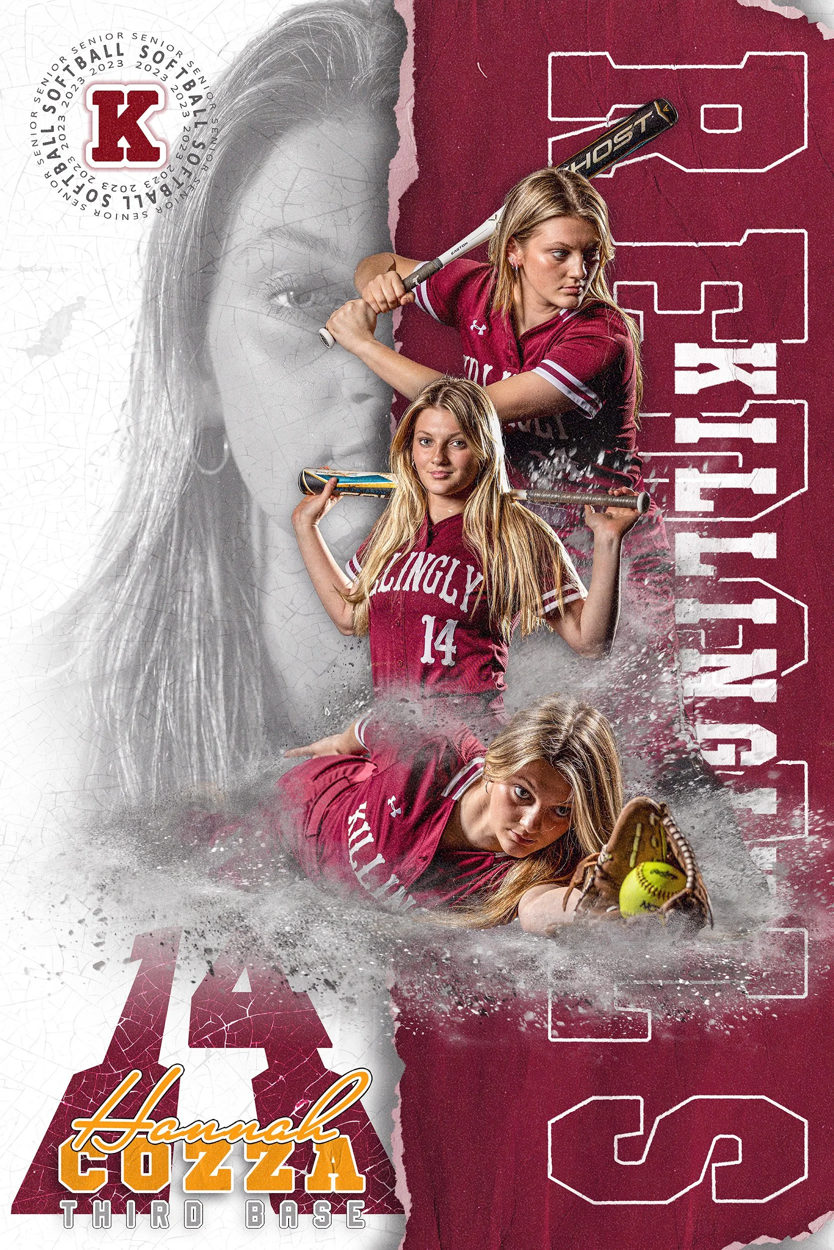 A composite of three images of Hannah Cozza, a softball player, in various action poses. She is wearing a maroon softball uniform with the word 'Killingly' and her number 14. The background features her faded portrait on the left and a maroon and whi