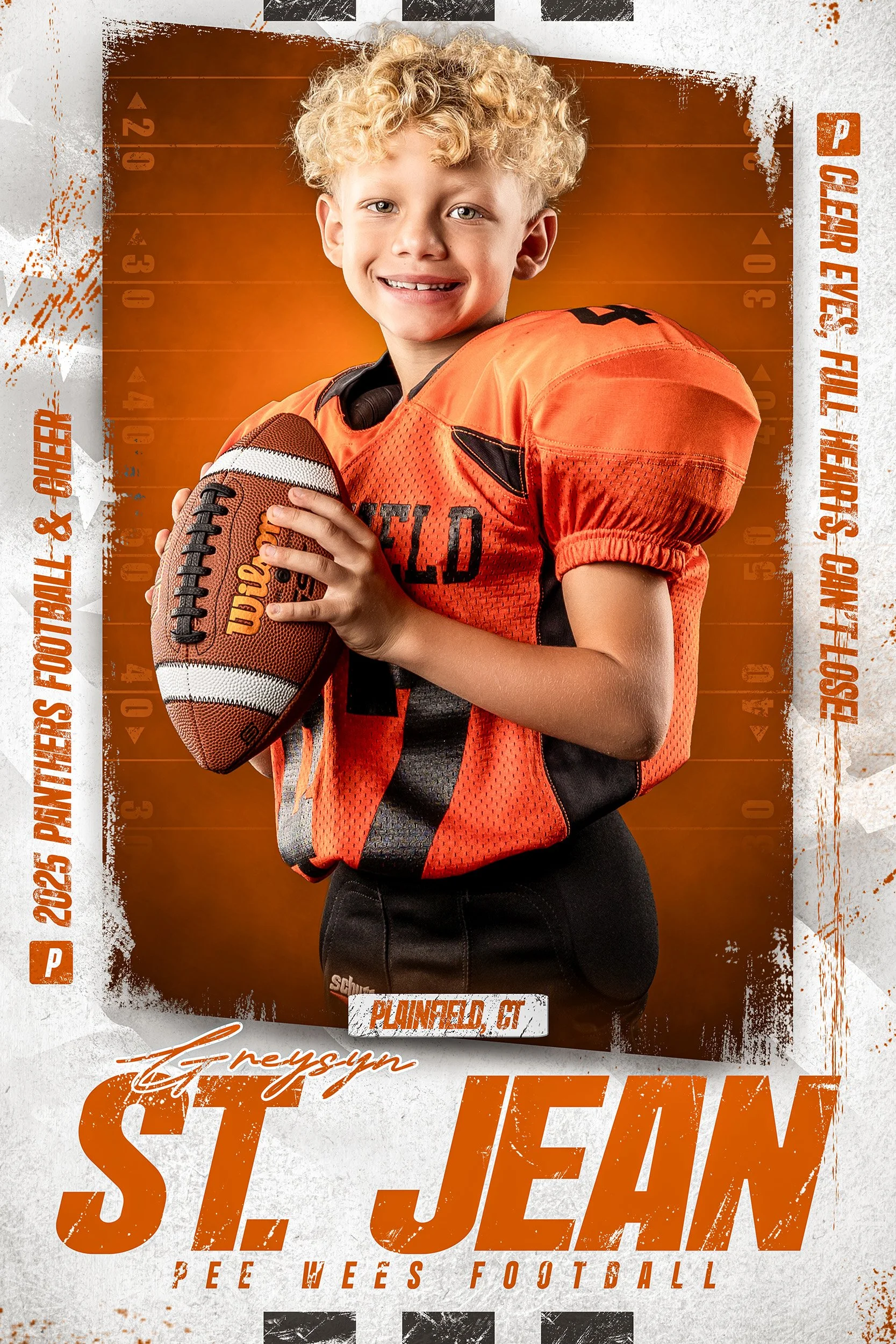 Young boy in orange football jersey holding a football, smiling, with a football field background and text indicating he is from Plainfield, Connecticut, playing pee wees football for Saint Jean.