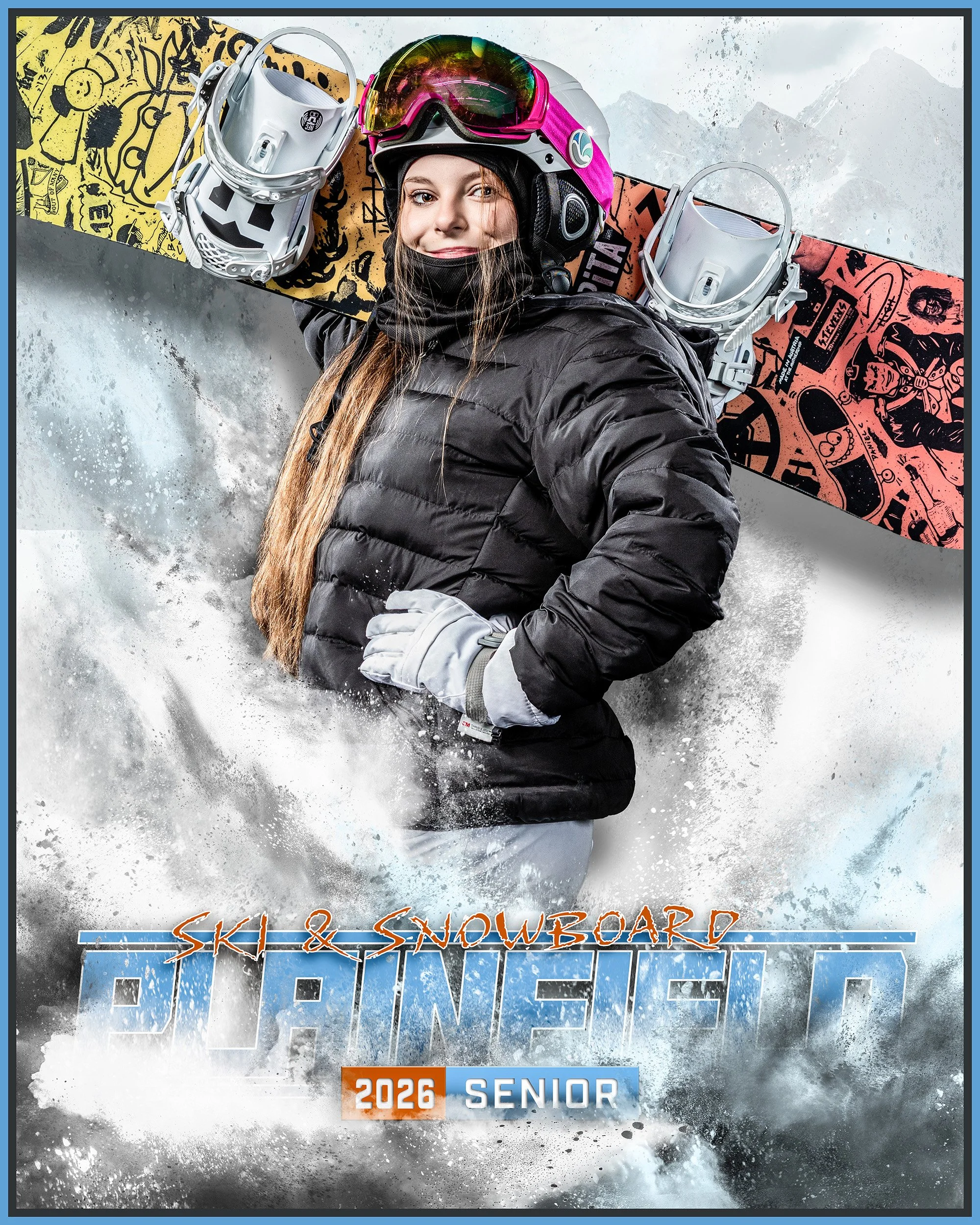 A female snowboarder in a black puffy jacket and ski goggles holding a snowboard on her shoulder while standing in snow.