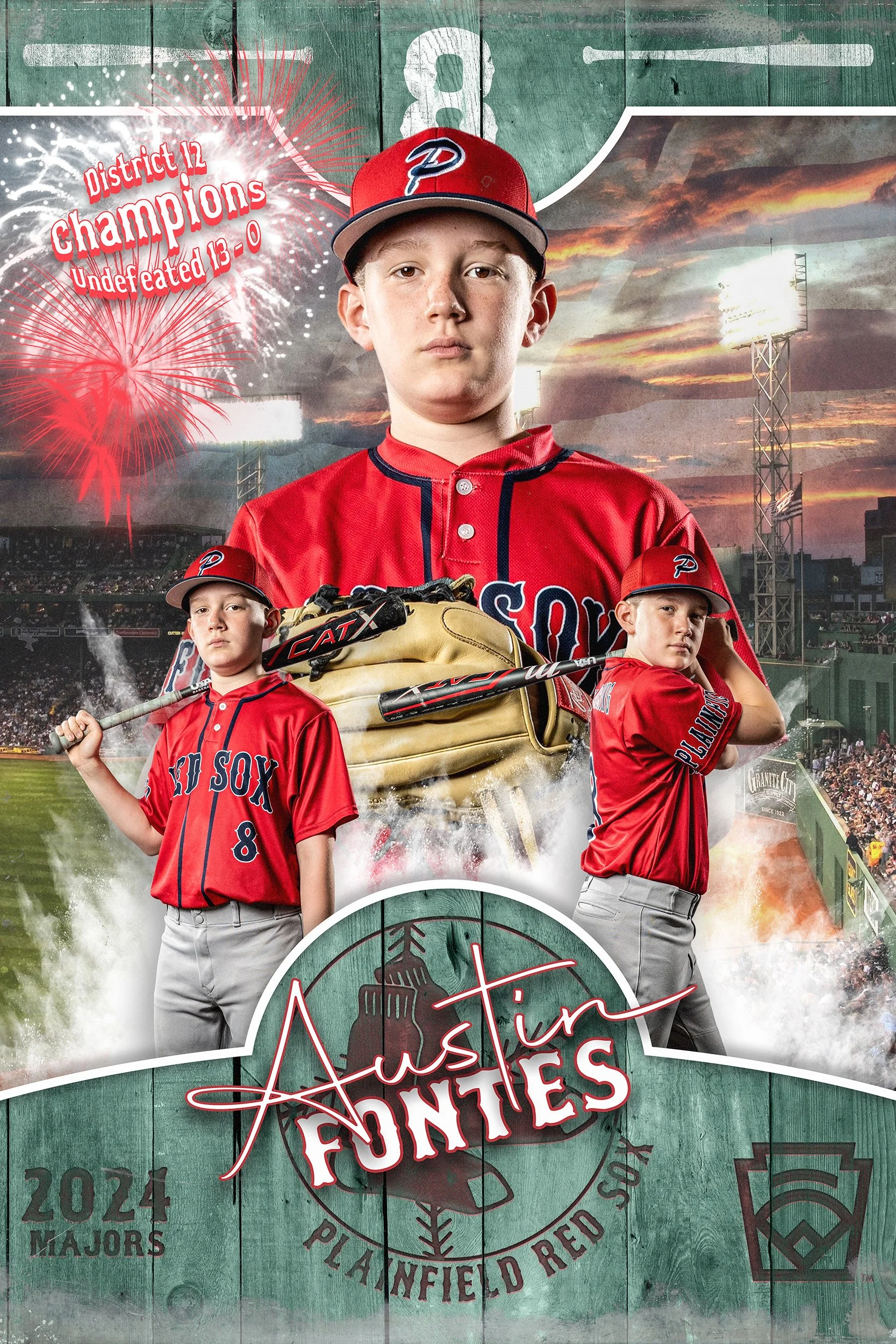 A baseball poster featuring a young player in a red Boston Red Sox uniform and cap, holding a bat, with a large background image of him. The poster includes logos, the text "Austin Funties," images of fireworks, and stadium lights.