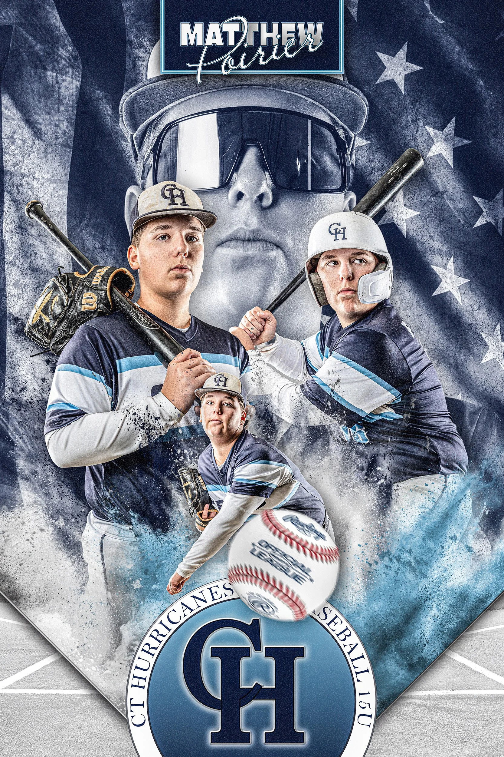 A promotional poster for a baseball team called CT Hurricanes features three young players in team uniforms and hats, holding baseball bats and a baseball. The background includes a large image of a person wearing sunglasses and a baseball cap, along