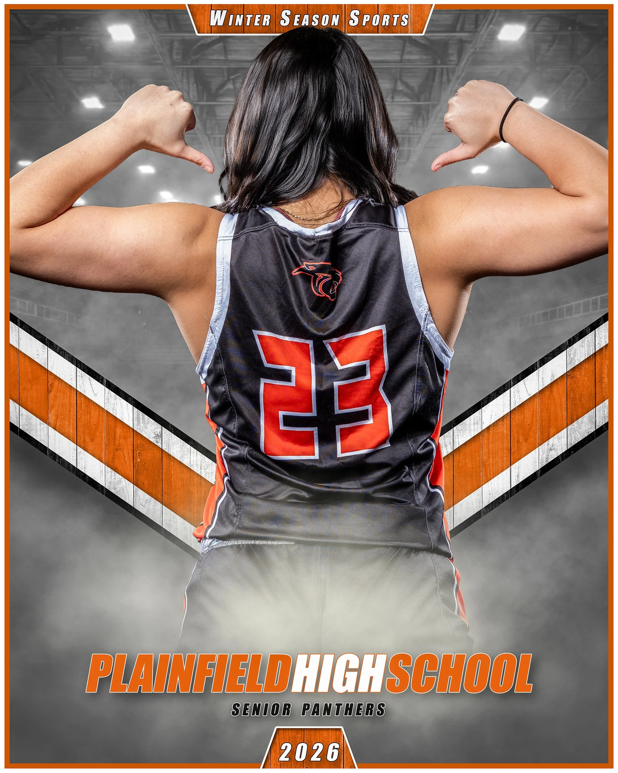A female athlete in a black and orange basketball jersey with the number 23, flexing her biceps with her back to the camera inside an indoor sports arena. The background features a gray, smoky effect, and the top of the image reads 'Winter Season Spo